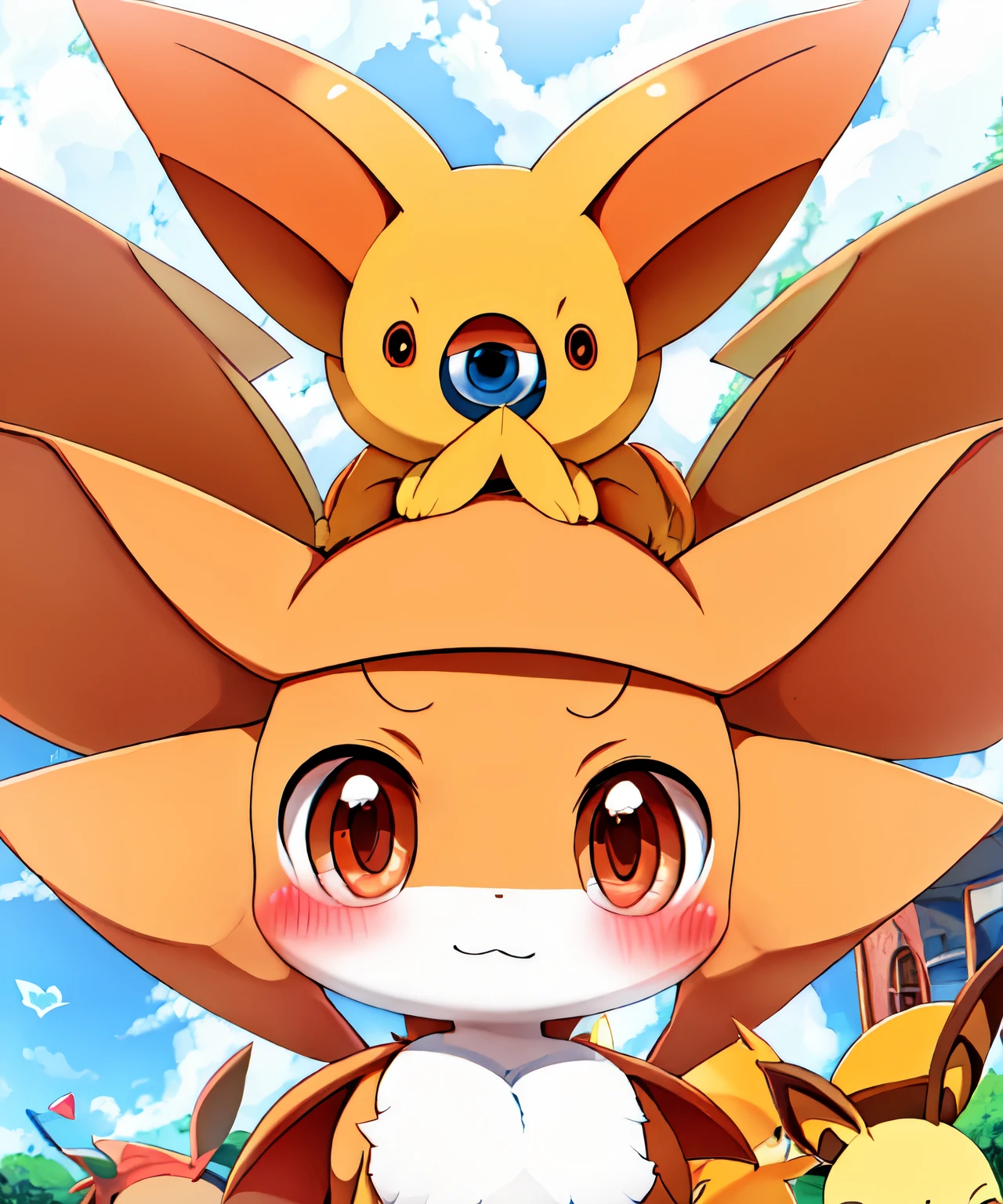 Pokémon victini, pernas abertas, olhando para o spectador, olhar safado, sozinha, olhos azuis, knot details look, cute fofo, random pose, detalhes nas pernas, pequena, lust