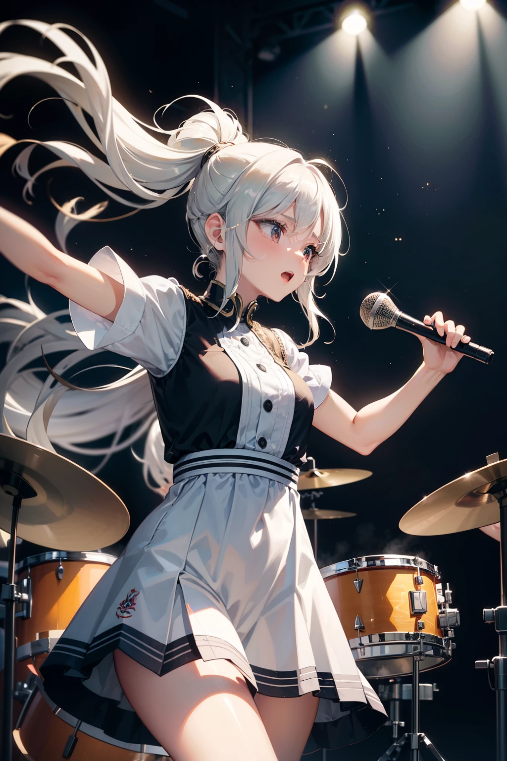 This illustration features a silver-haired girl with medium-length hair playing the drums on stage. She confidently swings the drumsticks, surrendering herself to the music. Her silver hair dances lightly as she exudes a vibrant and energetic presence while performing. The stage lighting illuminates her, and the cheers of the audience echo in the background. The illustration captures the magical moment when music fills the air through her drumming. Her passion and talent shine through the entire artwork, captivating the hearts of those who behold it.