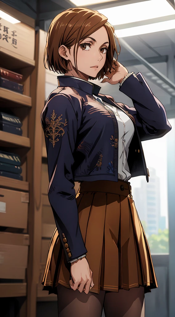 1girl, cowboy shot, beautiful Nobara, school_uniform, bangs, jacket,, volumetric lighting, best quality, masterpiece, intricate details, tonemapping, sharp focus, hyper detailed, trending on Art Station, 4k,full body
