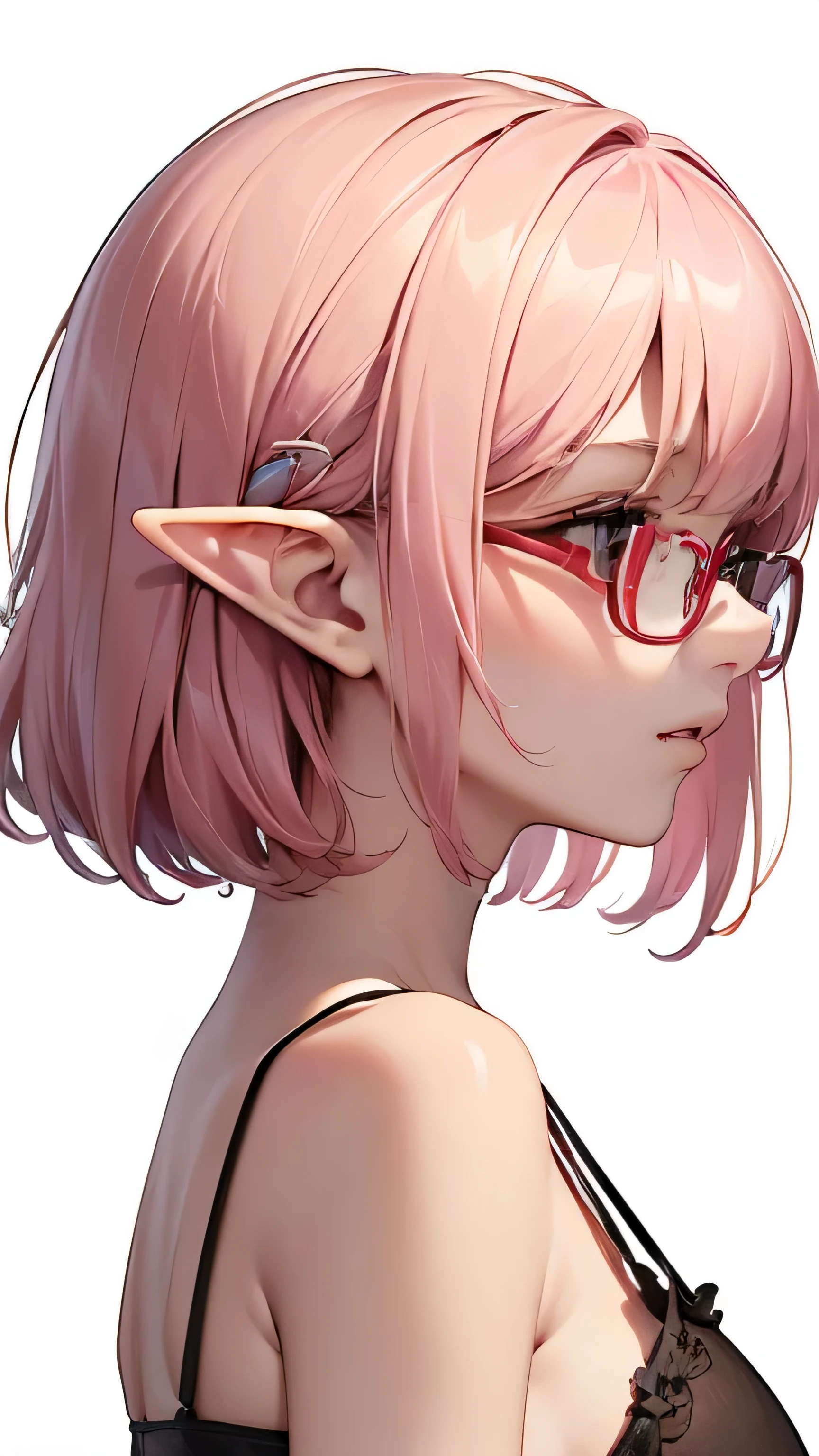 （plus size sleeveless camisole）（(((cell anime))))、(((profile)))、(((((、、slightly larger breasts、A peerless beautiful girl))))(milky pink hair：1.5)short bob hair:1.2 、((thick red glasses with small frames:1.1)) 、magenta eyes、[elf ears:0.７]、formula art，Representative works，masterpiece、highest quality、official art、An illustration、High resolution, （(Upper body))（(From the side))