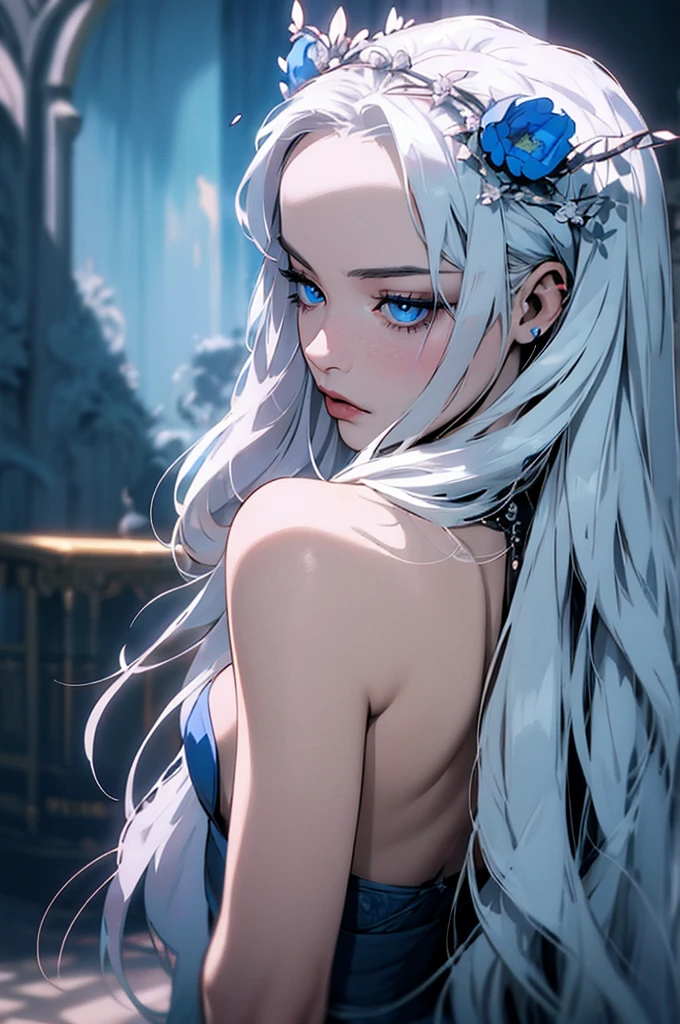 hyper-realistic  of a mysterious woman with flowing silver hair, piercing blue eyes, and a delicate floral crown, backwards, looking back, upper body