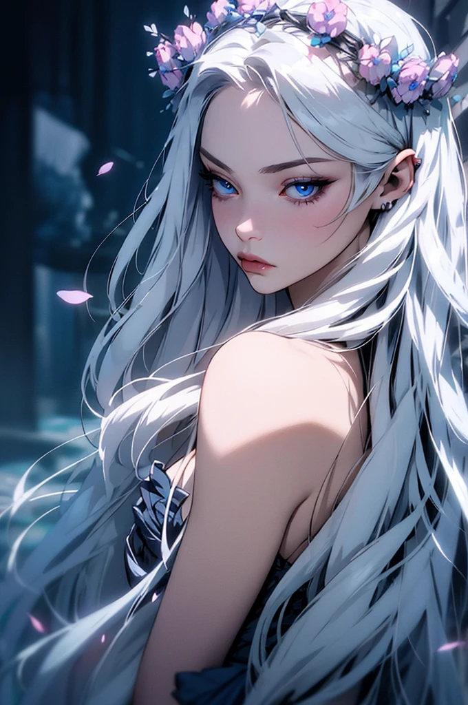 hyper-realistic  of a mysterious woman with flowing silver hair, piercing blue eyes, and a delicate floral crown, backwards, looking back, upper body
