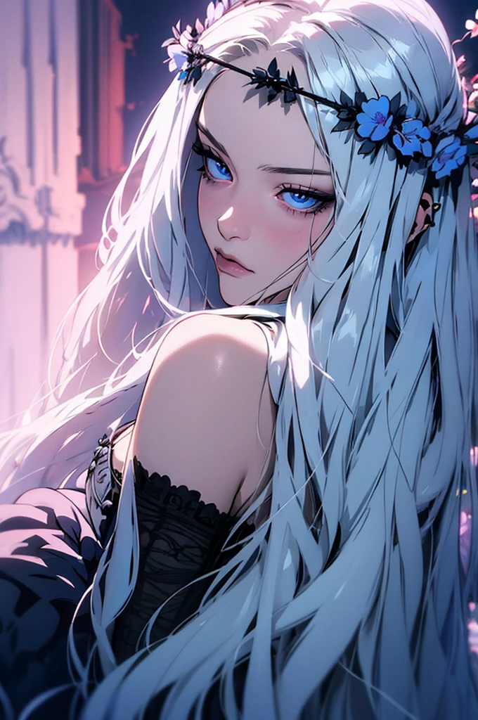 hyper-realistic of a mysterious woman with flowing silver hair, piercing blue eyes, and a delicate floral crown, backwards, looking back, upper body