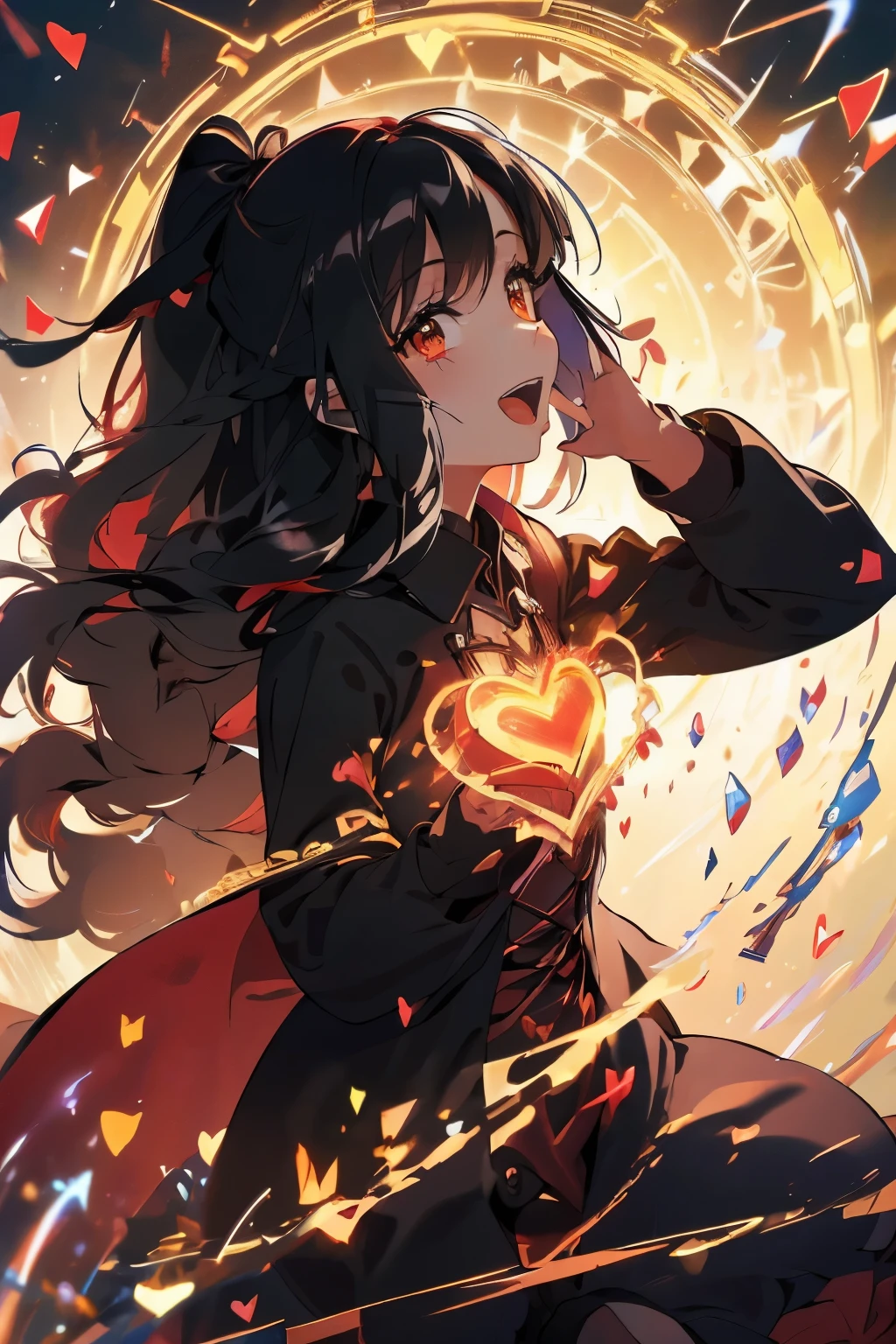 4K:1.2,1girl,sense of deps,disorganized,catch light,super beautifulイラスト,((({chocolate},Heart-shaped))),((black color,long hairstyles:1.3)),dark dark eyeshadow,(((4K,super beautiful,In detail,red eyes))),bright red lipstick,gothic ta,;D,beautiful and delicate hair,emphasize the chest,brown shining light effect,red aura