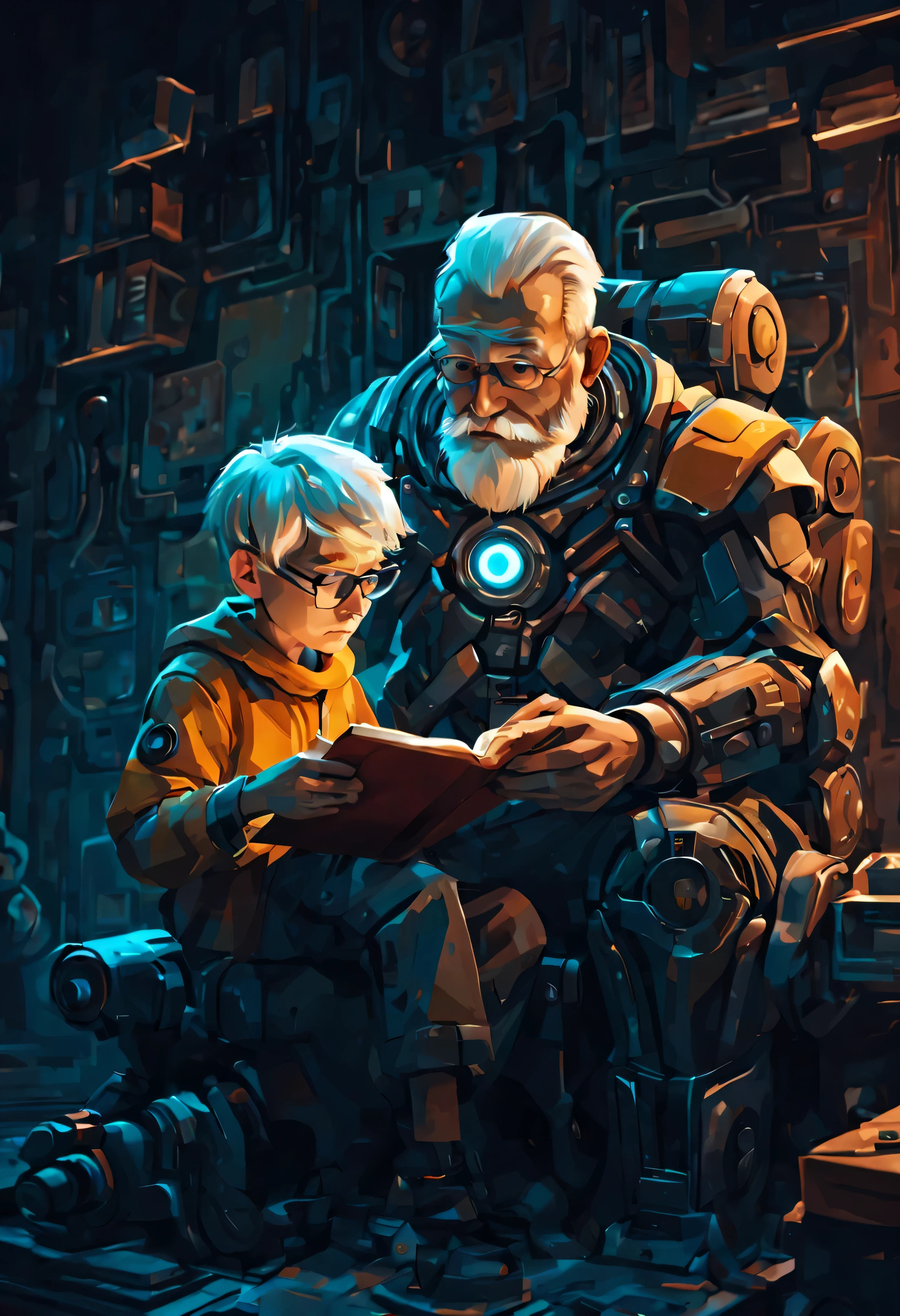 Robot boy sitting on the lap of an old man who reads him a storybook. Futuristic innovative concepts and avant-garde aesthetics abstract shapes geometric shapes, fluid lines, and asymmetrical compositions
