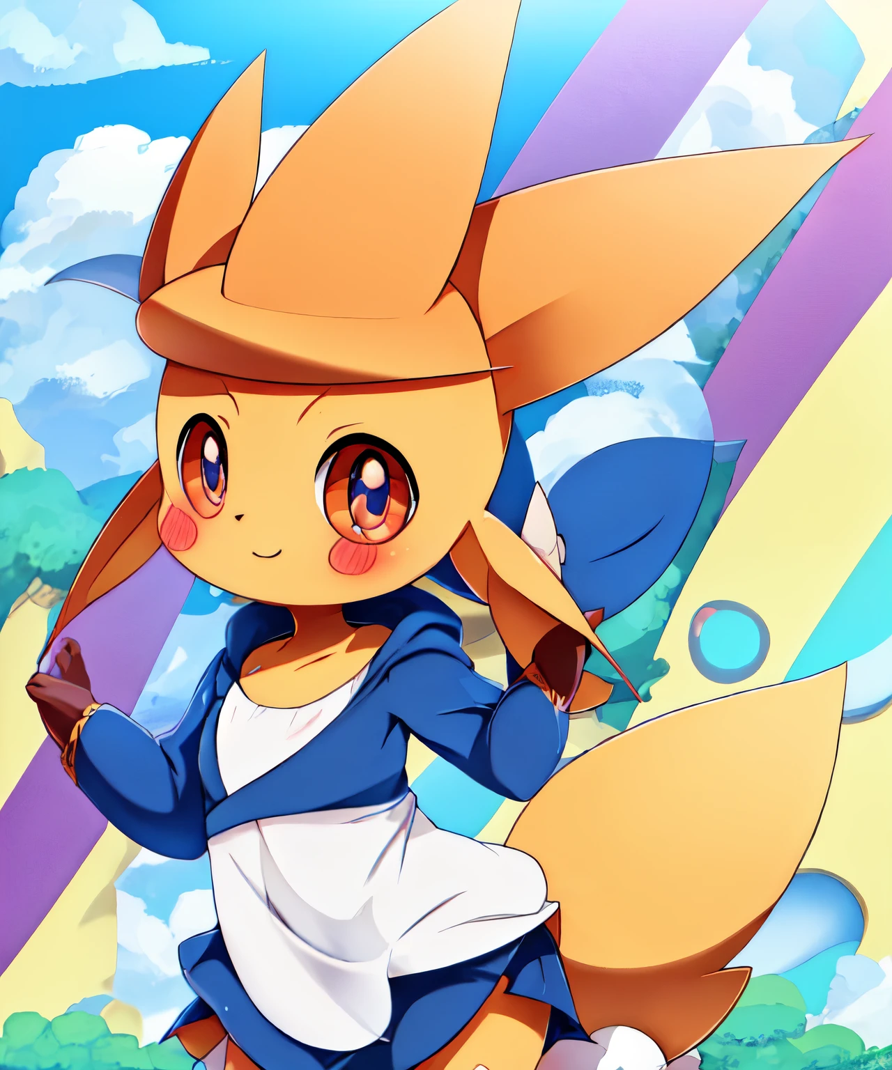 Pokémon victini, perna aberta, olhando para o spectador, olhar safado, olhos azuis, knot details look, cute fofo, random pose, detalhes nas pernas, pequena