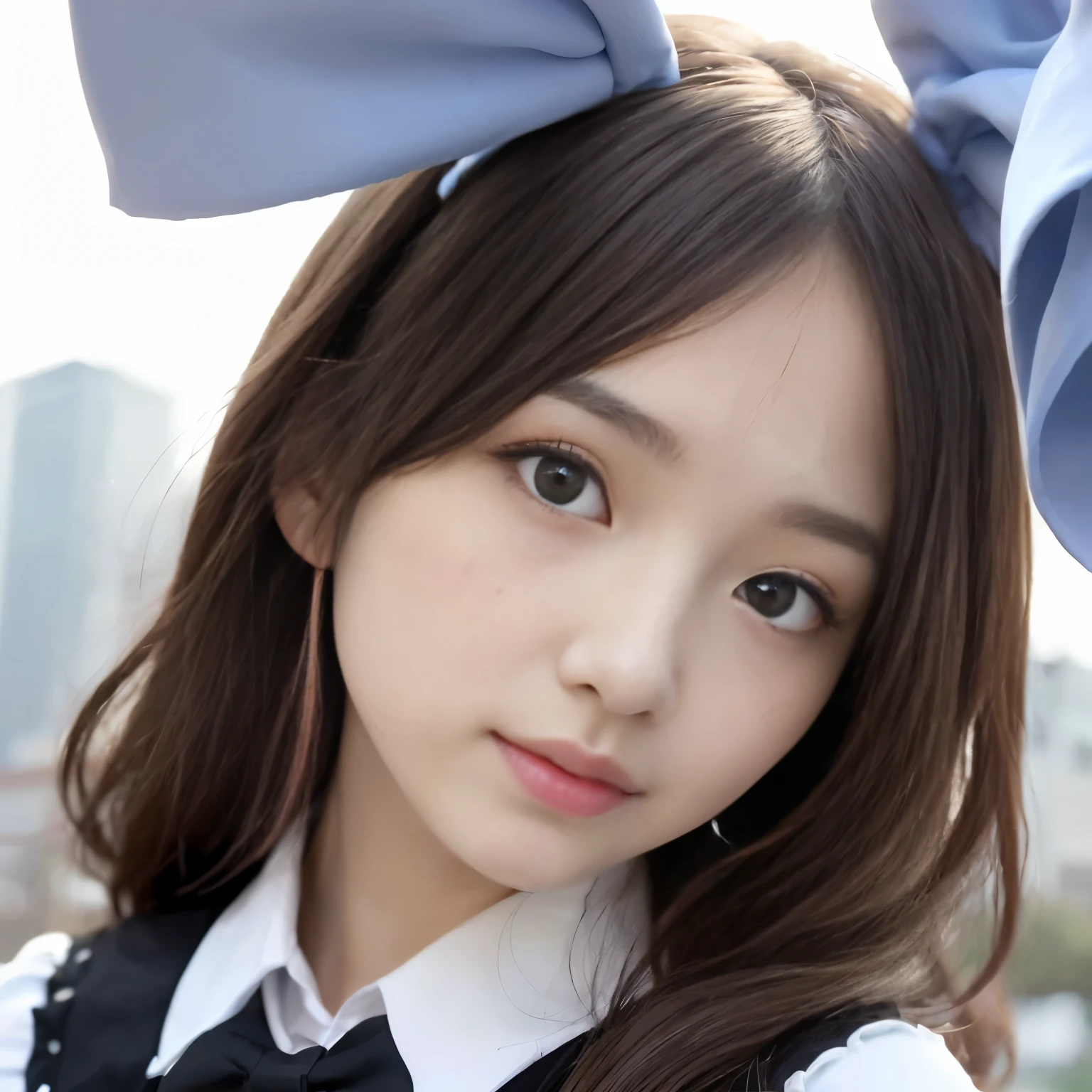 ((highest quality、8K、masterpiece:1.3))、1 girl、slim face、Beautiful woman、(dark brown long hair)highly detailed face、detailed eye、double eyelid、blurred background、slim face、city、Take-out、street、highly detailed faceと肌の質感、detailed eye、double eyelid、laughter:1.5、、(Bunny ears)(Gothic Lolita、Metallic Color、blanche、black、there's pink there)、(Maid clothes、Metallic Color)、whole body、super miniskirt cleavage、panties