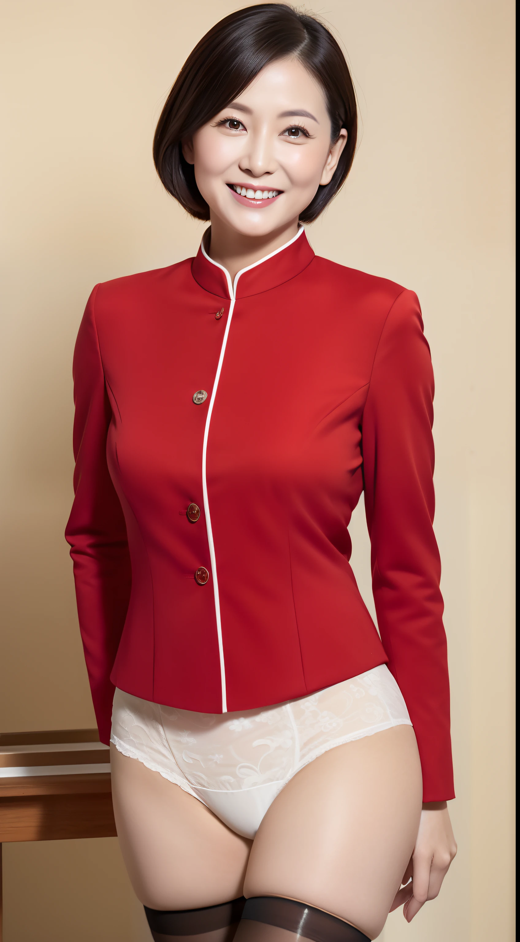 masterpiece,highest quality, (dear. clerk:1), ((portrait:1.3)), cross arms, smile,Red professional attire,long legs,skin hyper detail,clean pores,with panoramic view,cocked ass,black lenth stockings,Beautiful young Japan woman over 40 years old, perfect face, fantastic appearance, (detailed facial features), Looks clean and looks good,