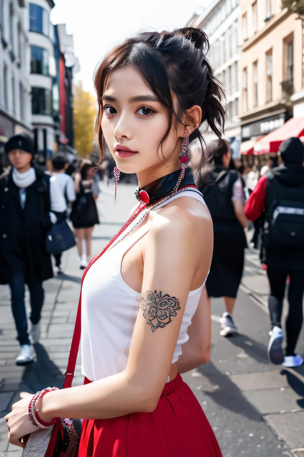 8k、High resolution、punk fashion、beautiful girl、slender body、young、colorful costumes、white skin、piercing on face,narrow eyes、london cityscape,