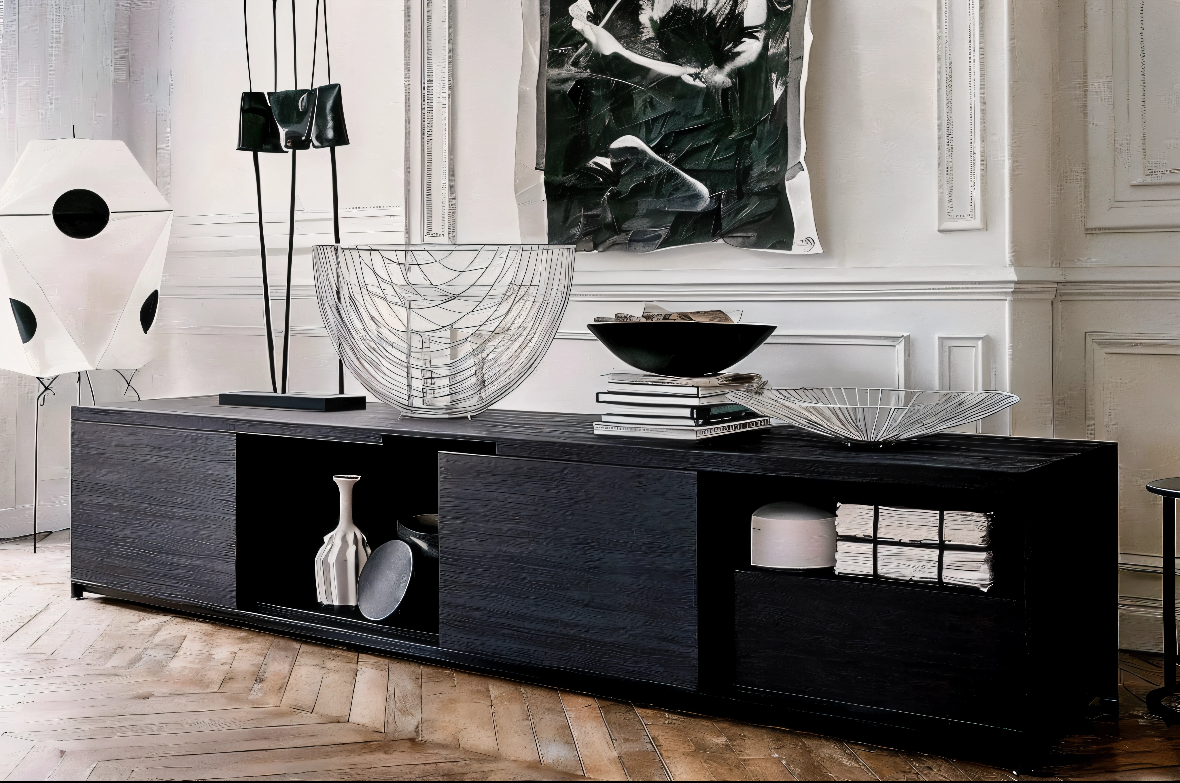 There is a black and white photo of the living room, black furniture, modern gallery furniture, designer furniture, Furniture and Decoration, cabinet furniture, Furniture design, inspiration来自埃米利奥·格劳·萨拉, style furniture, vignette, inspiration来自安东尼奥·绍拉, inspiration来自安东尼·奇图西, inspiration来自安东尼奥·罗塔, Stylish and modern atmosphere, inspiration, minimally modern