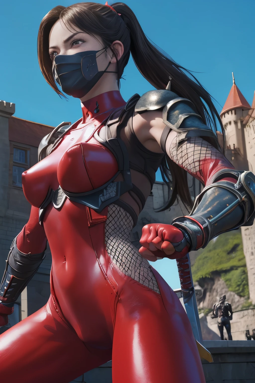 good anatomy, masterpiece, best quality,realistic, hyperrealistic, 16k hdr, taki, (red bodysuit:1.2), fishnets, fingerless gloves, arm guards, shoulder armor,medium breasts,outdoor,castle background,blue sky,dynamic pose,(fighting pose:1.4),spread legs,(black metal mask,holding sword:1.1),cameltoe,from below