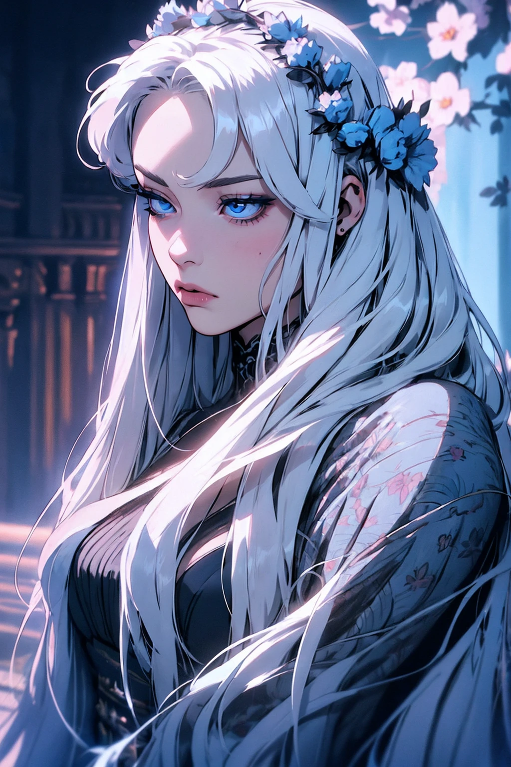hyper-realistic of a mysterious woman with flowing silver hair, piercing blue eyes, and a delicate floral crown, backwards, looking back, upper body