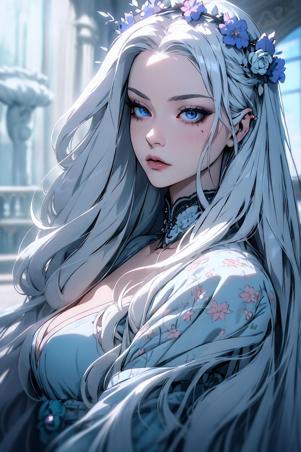 hyper-realistic of a mysterious woman with flowing silver hair, piercing blue eyes, and a delicate floral crown, backwards, looking back, upper body