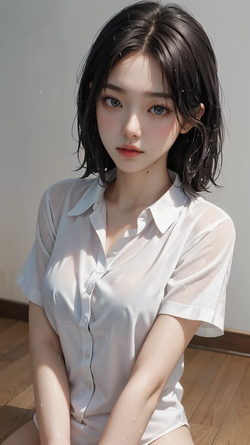 Beautiful Korean girl aged 18 years, (Masterpiece: 1.5), (8K, Ultra-realistic, RAW photo, Best Quality: 1.5), (wet white shirt: 1.3), (chest exposed: 1.2), lying on the floor: 0.8, (legs raised: 1.2), (arms hugging her lover: 1.1), Full body from the side: 1. If the image represents a romantic scene, the focus should be on the girl's expressive face, showcasing her feelings towards her lover. Her wet white shirt clings to her curves, revealing the bareness of her upper body