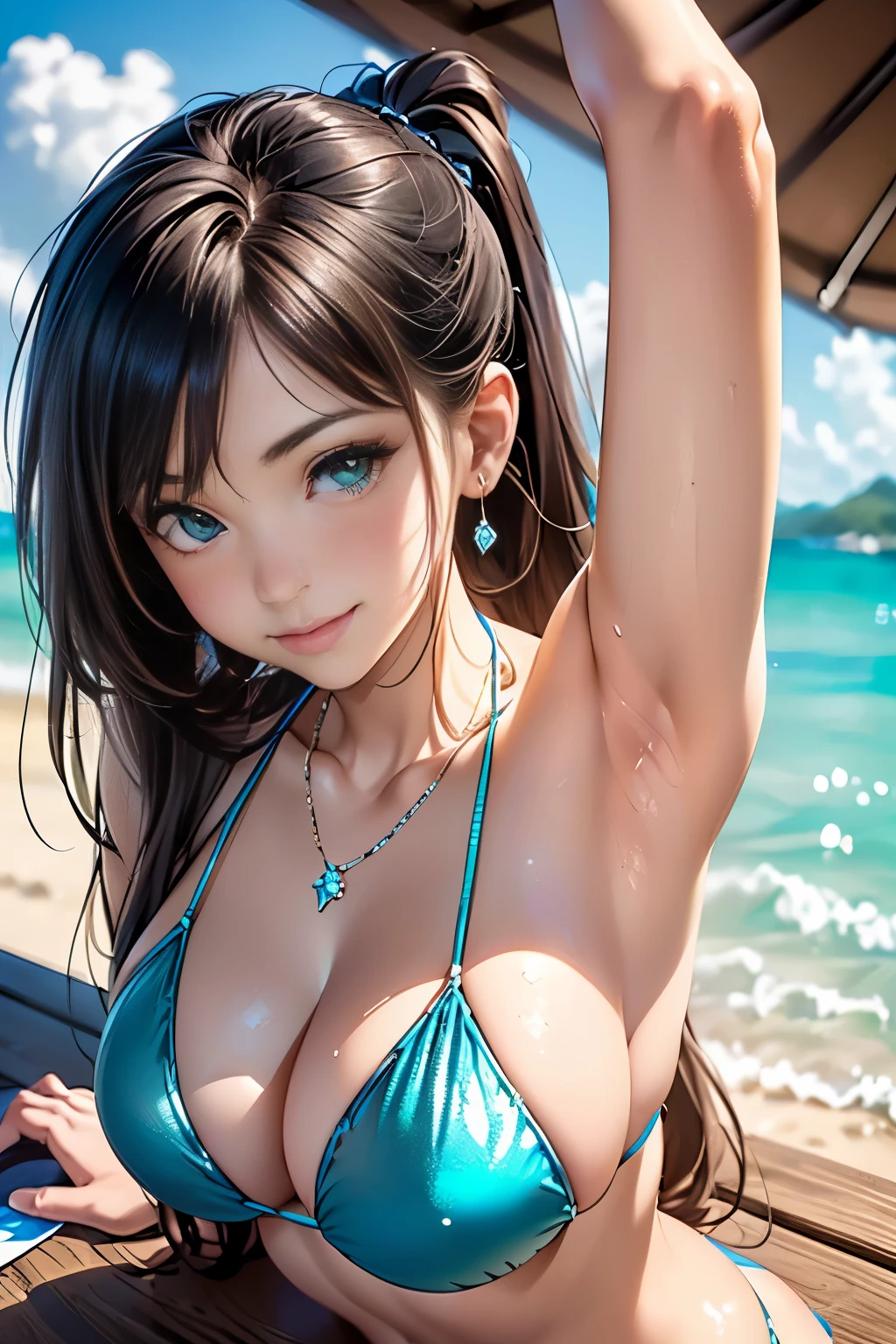 ((table top, highest quality, High resolution, nffsw, perfect pixel, written boundary depth, 4K, nffsw, nffsw))), 1 girl, single, alone, beautiful anime girl, beautiful art style, anime character, ((long hair, bangs, brown hair)), ((green eyes:1.4, round eyes, beautiful eyelashes, realistic eyes)), ((detailed face, blush:1.2)), ((smooth texture:0.75, realistic texture:0.65, realistic:1.1, Anime CG style)), dynamic angle, ((raise your arms,Show your audience the side,portrait)), ((Blue shiny patterned micro bikini, Fashionable, 1 diamond necklace)), smile, Summer sandy beach