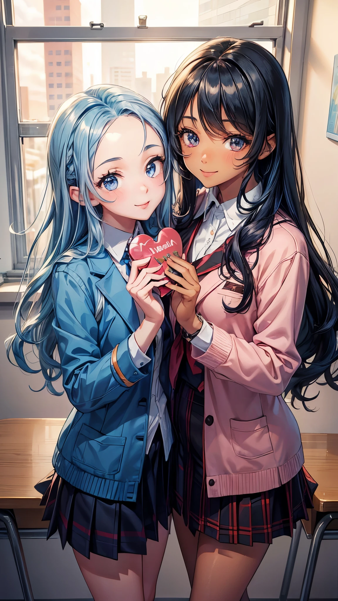 (2 cute girls, holding valentine chocolate) ((face each other, give each other Valentine's day chocolates)),(in a school blazer), in the school classroom, break, (one girl is forehead blue hair long hair blue eyes love smile glossy mouth), break, (one girl is curly black hair long hair red eyes sexy smile), break, perfect anatomy, masterpiece:1.2, best quality, 8k, beautiful detailed grow, daydreaming expression.