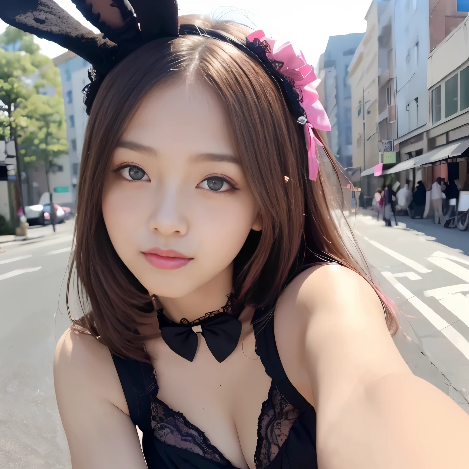 ((highest quality、8K、masterpiece:1.3))、1 girl、slim face、Beautiful woman、(dark brown long hair)highly detailed face、detailed eye、double eyelid、blurred background、slim face、city、Take-out、street、highly detailed faceと肌の質感、detailed eye、double eyelid、laughter:1.5、、(Bunny ears)(Gothic ta、Metallic Color、blanche、black、there's pink there)、(Maid clothes、Metallic Color)、whole body、super miniskirt cleavage、panties