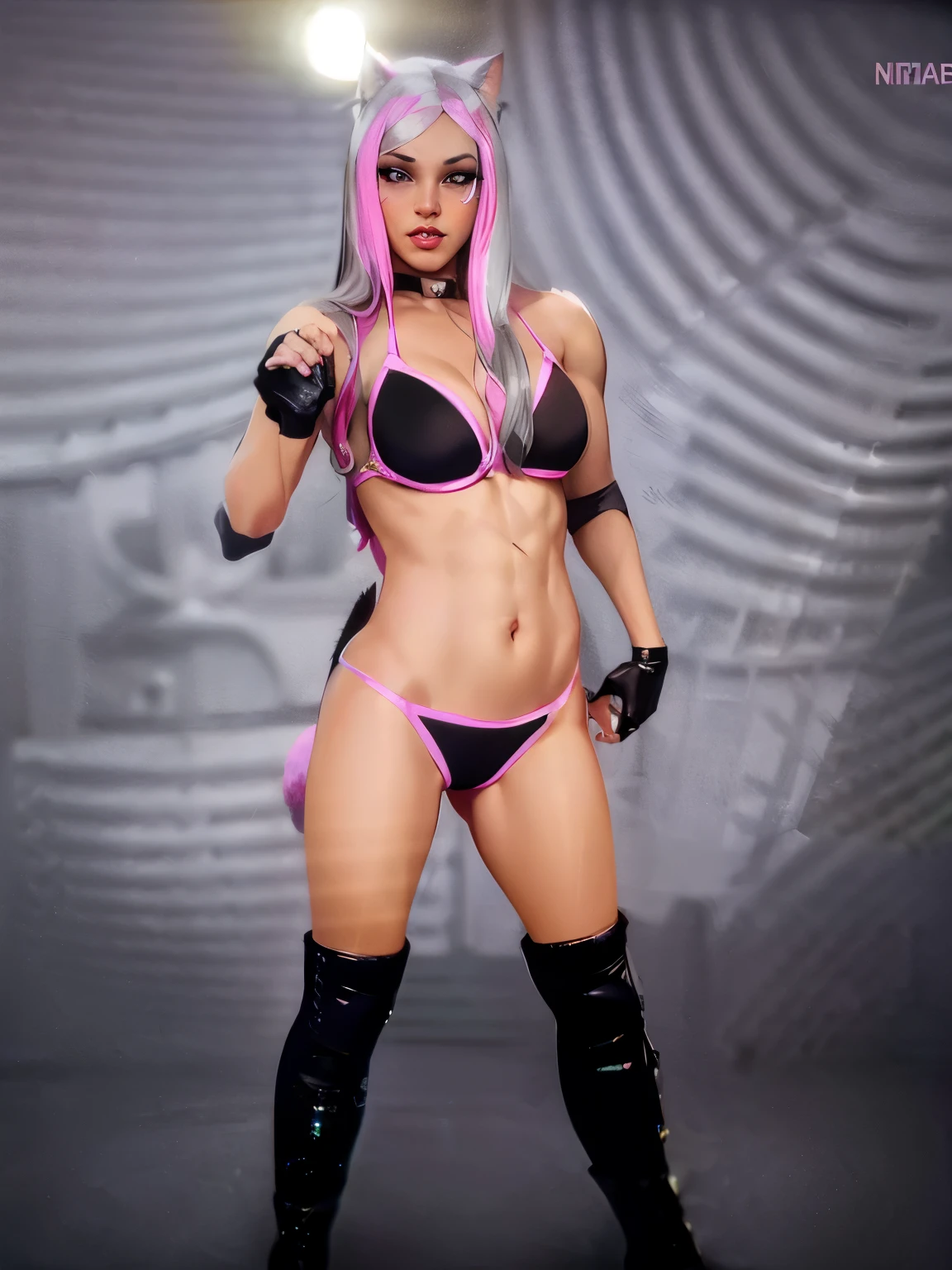 lineart, gray scale lineart, plain white room background, Liv Morgan Wrestler posing, she has meaty muslos gorgeous legs cute face attractive big saggy chichotas, chichona, tetona, toned abs, she wears cat ears and a up the rectal plug in long fuzzy cat tail, lineart, grey scale lineart, gray scale coloring book,