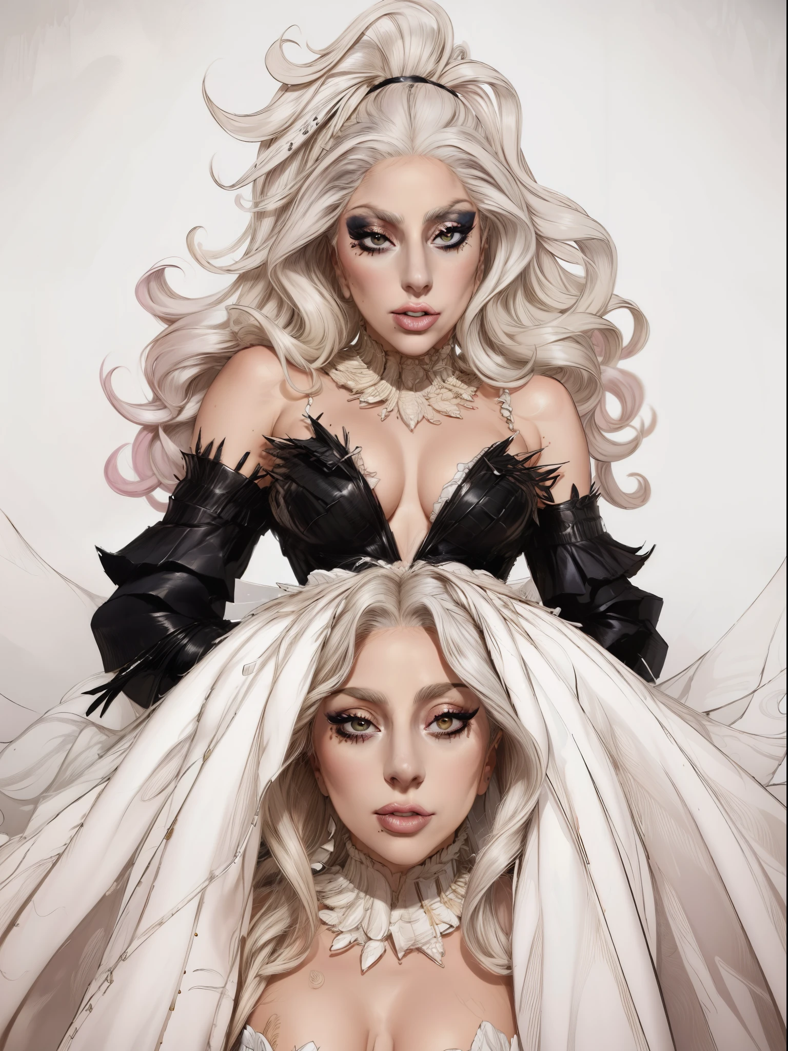(obra de arte, maximum quality, melhor qualidade, arte oficial, beautiful and aesthetic:1.2), (1 garota:1.4), extremamente detalhado, , singer, lady gaga, crazy outfit, crazy hair, make up