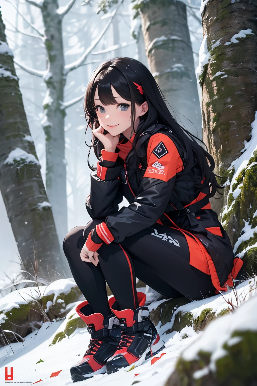 Masterpiece, top quality, 4K UHD,
heroine girl, sitting,
snowy mountain landscape, semi-strong, cute and charming,
comic book style, black uniform,venom style design, long flowing hair,
smiling, snow boots, semi-lit environment, trees, cloudy sky. --s2