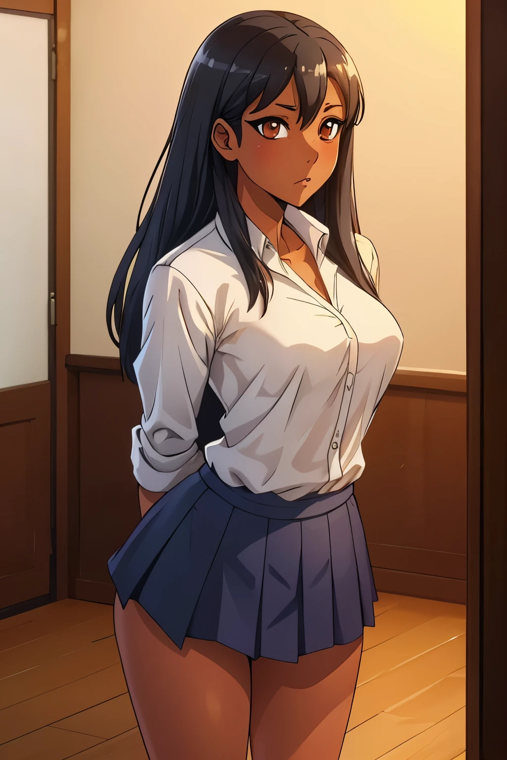 ((ultra quality)), ((masterpiece)), Hayase Nagatoro, (black medium long hair)), (fine face), (beautiful female lips), (), charming, ((sexy facial expression)), looks at the camera, (dark skin color), (dark skin), glare on the body, ((Detailed eyes)), ((Brown eyes)), (juicy female lips), (dark eyeliner), (beautiful female hands), ((ideal female figure)), ideal female body, beautiful waist, medium breasts, ((subtle and beautiful)), A seductive stance (), (wearing a white shirt, dark blue skirt) background: Japanese apartment, ((depth of field)), ((high quality clear image)), (clear details), ((high detail)), realistically, professional photo session, ((Clear Focus))