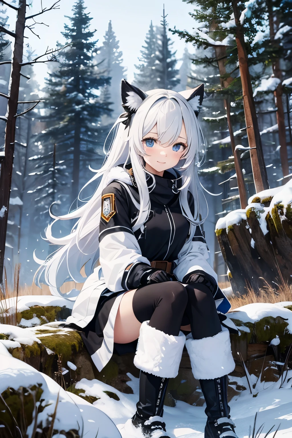Masterpiece, top quality, 4K UHD,
heroine girl, sitting,
snowy mountain landscape, semi-strong, cute and charming,
comic book style, black uniform,venom style design, long flowing hair,
smiling, snow boots, semi-lit environment, trees, cloudy sky. --s2