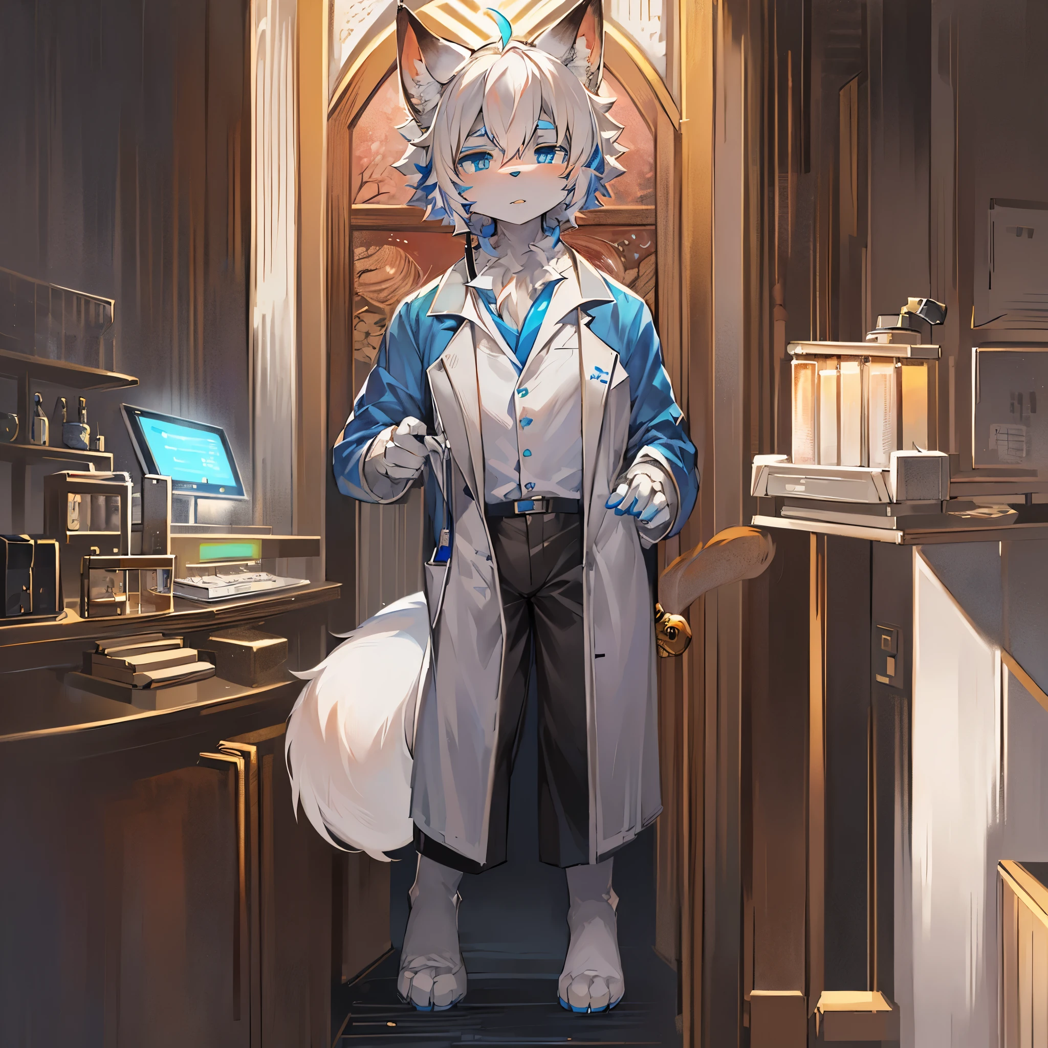 masterpiece, high quality, H, number \(artwork\), by dagashi, Yes,Kiyoyama,(Hana charcoalo,fluffy fur,人物focus:1.1),Hana charcoalo robot male fox,short hair,portrait, Bright Eyes,panoramic,人物focus.(Detailed background:0.7),alone,hairy,hairy robot male fox ,focus,Hana charcoal,(Full body fur, hairy尾巴, white fur,blue eyes,Doctor&#39;s clothing,Dr. coat,white hair:1.2),(Internal,daytime, laboratory)