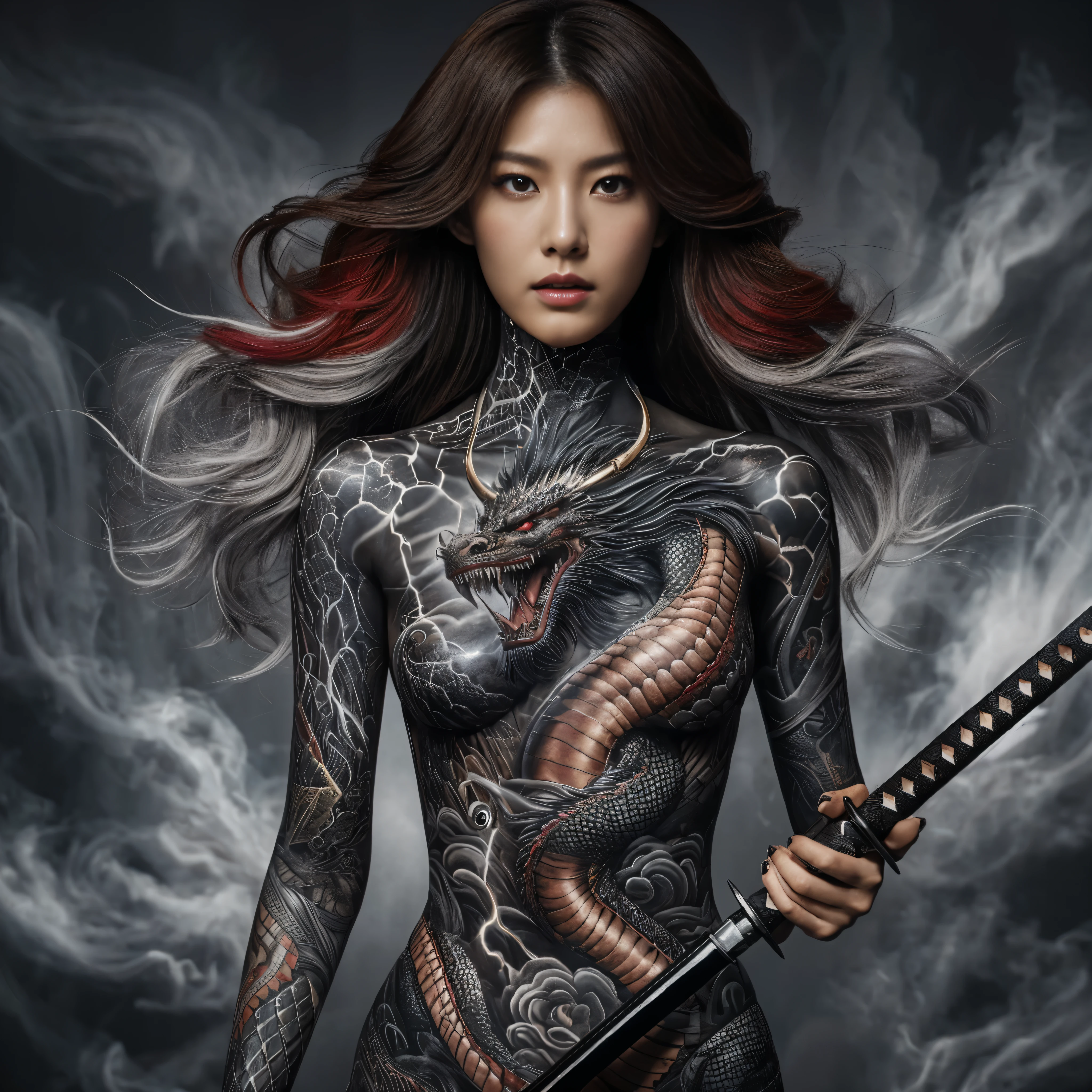full body image of korean woman with brown hair colored with white red highlights,holding katana.A detailed depiction of realism,majestic 5D dragon tattoos in silver and black cover his body,with scales sparkling with realism and lightning patterns that evoke a sense of ancient magic.The dragon's expression was fierce, with a growl that suggested power and mystique.The background is a dramatic red smoke effect to contrast and highlight the intricate details of the tattoo.