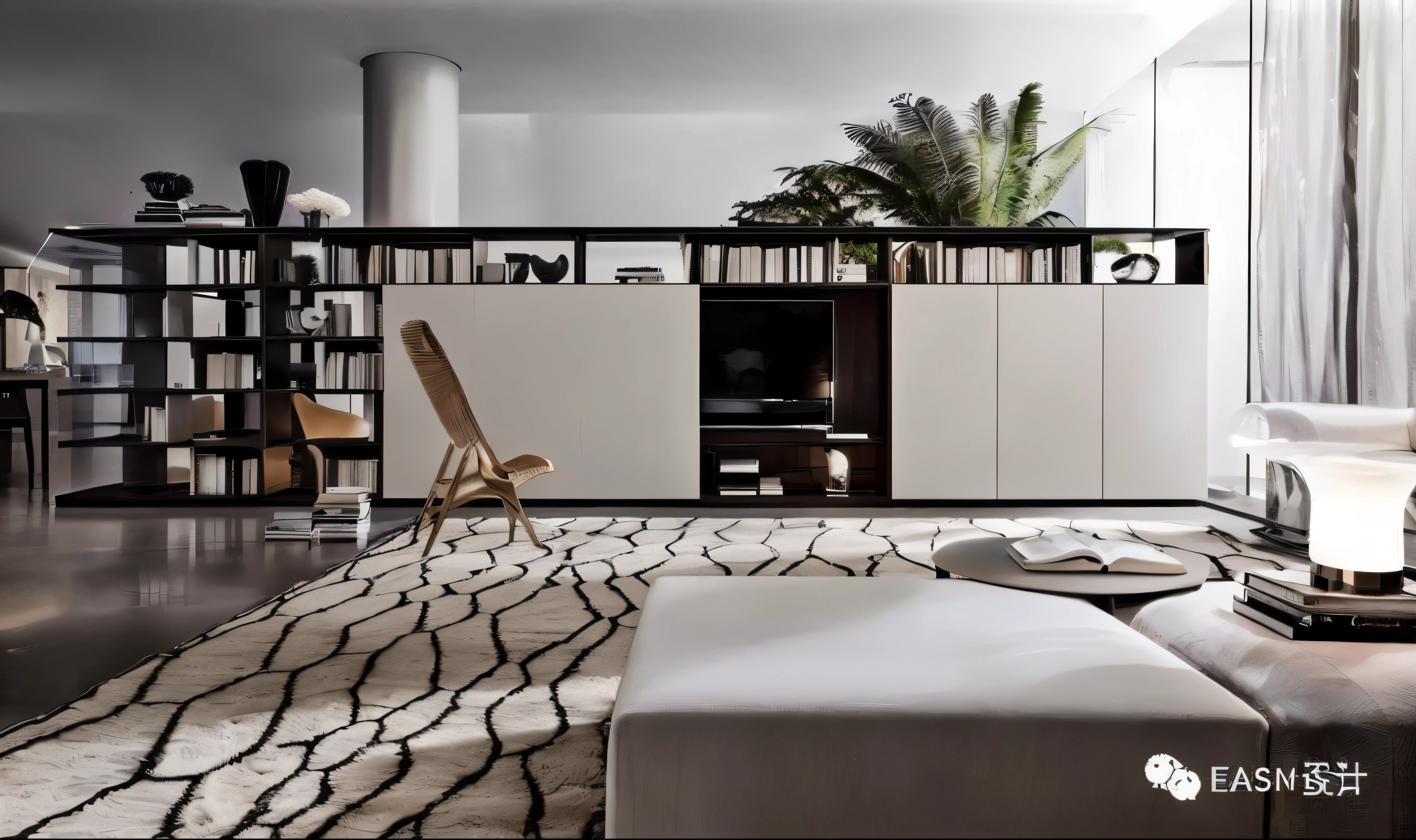 arafed living room with a couch, Chair, table, and bookshelves, living room vibe, modern Interior design, popular Interior design style, Inspired by Emilio Grau Sala, modern living room, living room, Interior design, prayer area, Interior design living room, Inspired by Louis Boll, grand design, Wall full of bookcases, Modern and simple