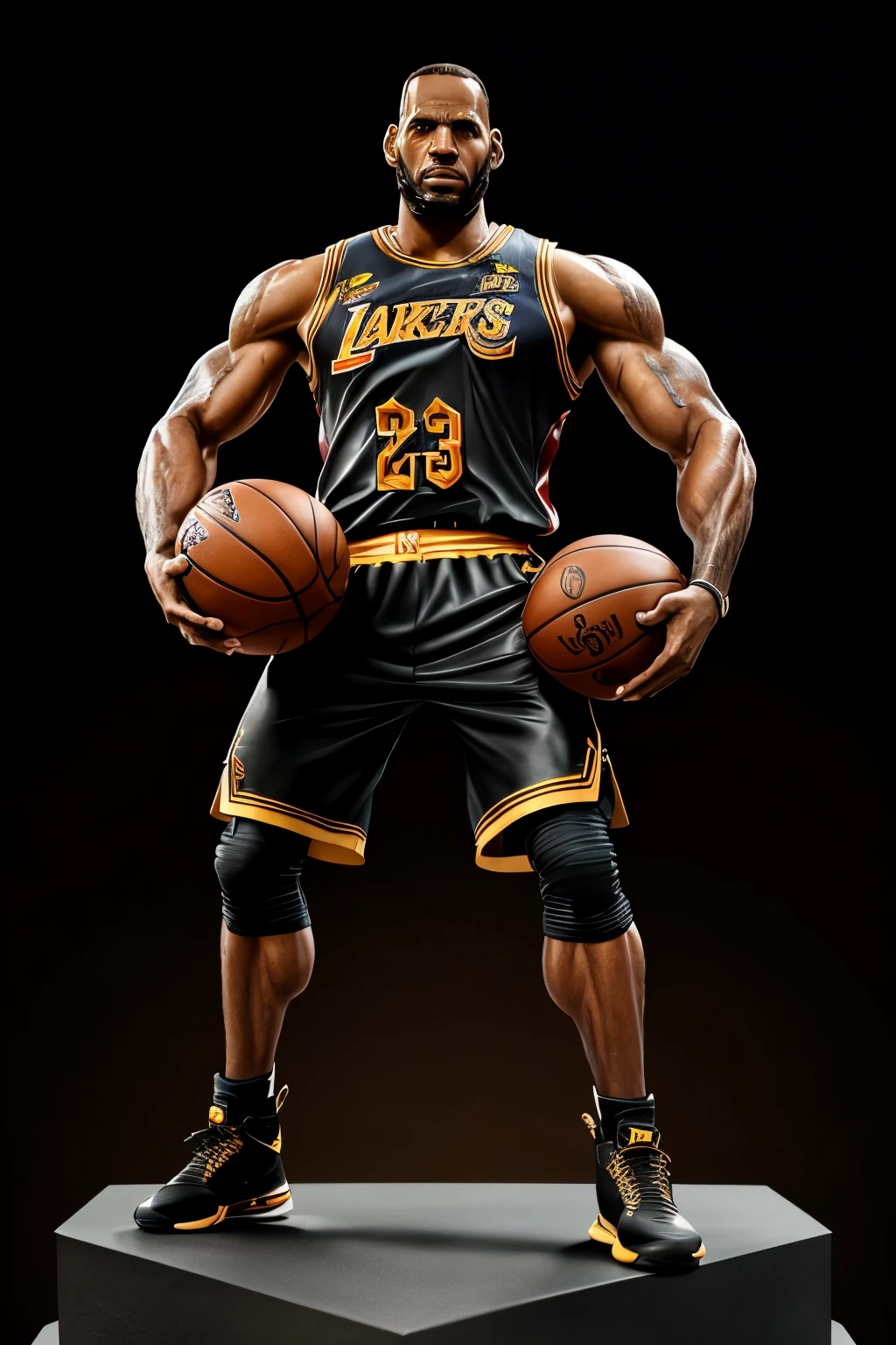A giant realistic sculpture of Lebron James showcasing his thoughtful and determined expression as he flexes his enormous bulging biceps, wearing a sleek and tight leather jacket. The background is set to a neutral tone, creating a moody and dramatic atmosphere. The sculpture is rendered in a hyper-realistic style, with intricate details and brilliant highlight lighting that accentuates every muscle fiber and the smooth leather texture. The sculpture is ultra-detailed and stands tall, capturing the cinematic essence of the king of basketball in an 8K resolution. The colors are vibrant and lifelike, adding to the masterpiece's top quality and official art status. A unique touch of a