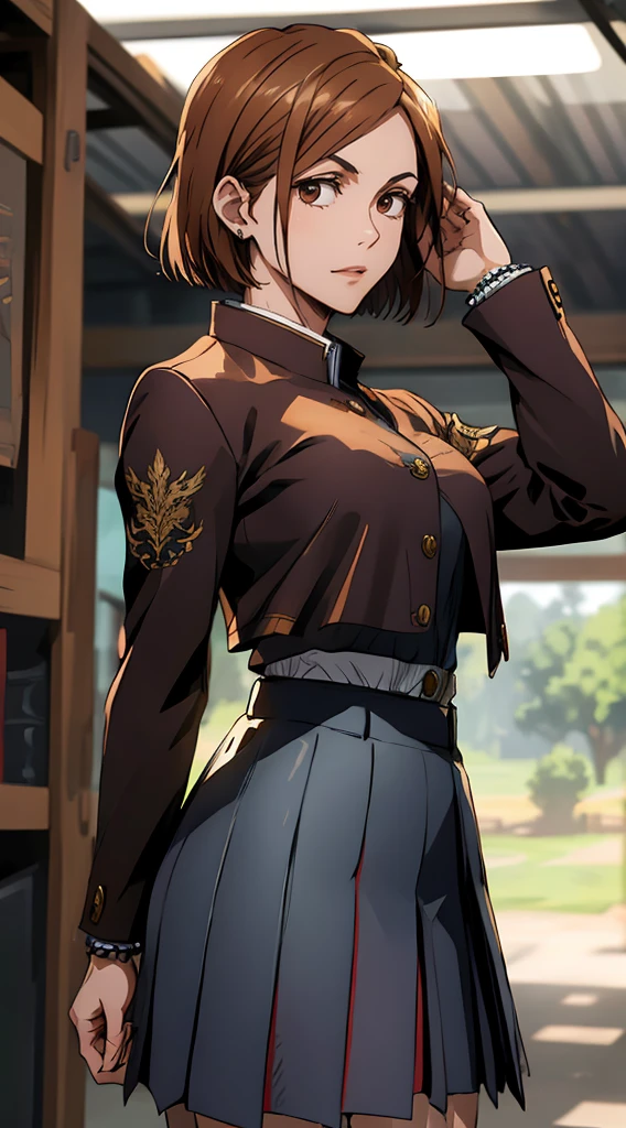 1girl, cowboy shot, beautiful Nobara, school_uniform, bangs, jacket,, volumetric lighting, best quality, masterpiece, intricate details, tonemapping, sharp focus, hyper detailed, trending on Art Station, 4k,full body