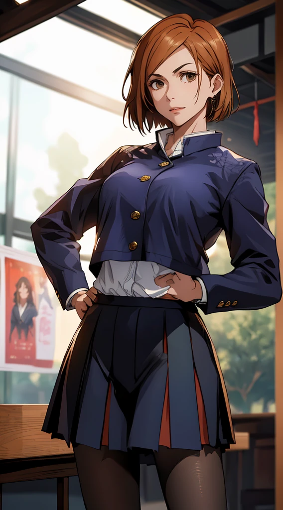 1girl, cowboy shot, beautiful Nobara, school_uniform, bangs, jacket,, volumetric lighting, best quality, masterpiece, intricate details, tonemapping, sharp focus, hyper detailed, trending on Art Station, 4k,full body