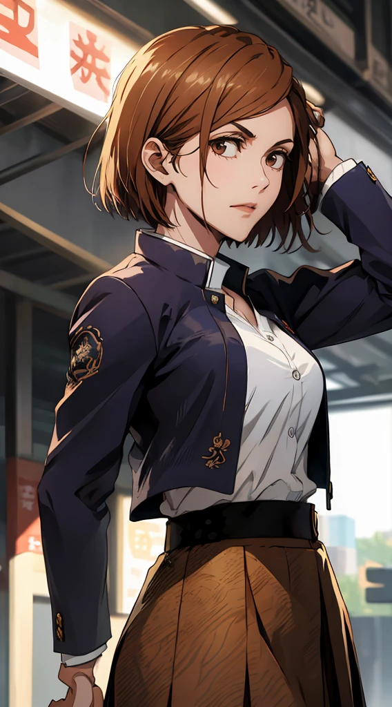 1girl, cowboy shot, beautiful Nobara, school_uniform, bangs, jacket,, volumetric lighting, best quality, masterpiece, intricate details, tonemapping, sharp focus, hyper detailed, trending on Art Station, 4k,full body