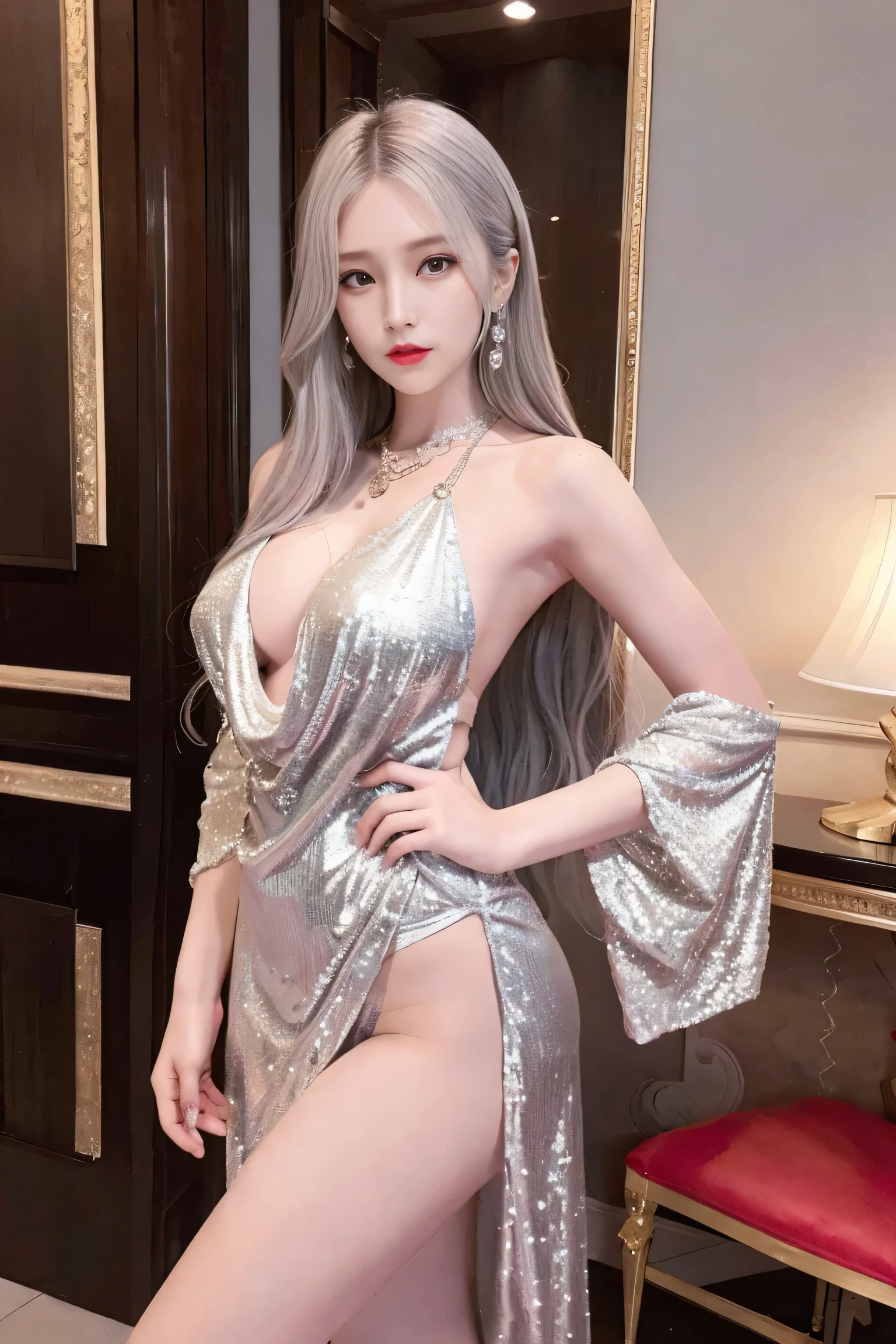 best work，Super high quality work，4K:2.0，ultra high definition，8K HD CG production，High quality graphics，3D high-definition CG photos，Ultra high pixels，Super exquisite：1.1，technical details：1.1，室内灯Light effect果：1.1，Natural dimming，Light effect，Ultra high resolution large files，fashion clothing photos，Exquisite and sexy woman，A mature and sexy woman，Royal sister temperament，Characteristics of European and American women，Mixed-race beauty，Temperamental type goddess，silver hair，She has long white and silver hair，clear hair，Careful hair texture（Premium hair details：1.1）Beautiful and delicate eyebrows and eyelashes，big eyes，light red eyes，sexy red lips，perfect lip shape，clear skin texture，hydrated skin（Advanced facial details：1.1）The face of a perfect goddess，perfect body shape，top supermodel，devilish figure，Buttocks raised，Men’s waists are all thin，long legs，（Advanced skin details：1.1），Smooth，Wear evening gown，deep purple dress, ((glow dress:1.5))sequin evening dress，dress dress，silk scarf，lace dress（Premium lace details：1.1）deep purple，High heel，livestock，Wear jewelry，ear nipple ring，necklace，bracelet，Having dinner，full-body shot，Costume Art Photos，high quality work