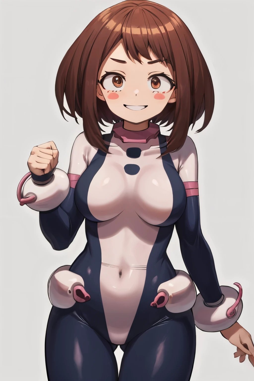 masterpiece, best quality, highres, hmochako, blush stickers, short hair, medium breasts, superhero, bodysuit, cowboy shot, standing, smile,