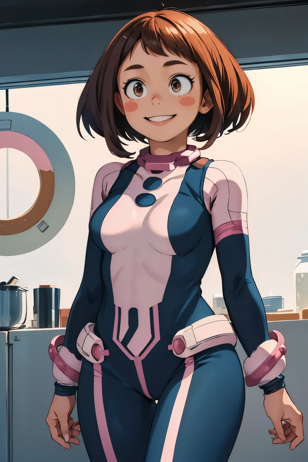 masterpiece, best quality, highres, hmochako, blush stickers, short hair, medium breasts, superhero, bodysuit, cowboy shot, standing, smile,