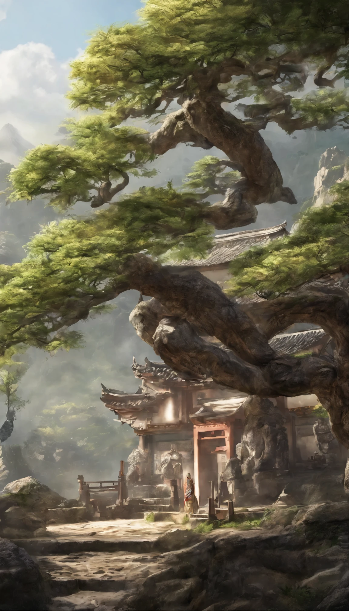 Quaint Han Dynasty style temple,There was an ancient Chinese monk who was sitting and meditating(closeup cleavage),Meditate,zazen,age-old tree,falling leaf,(Chinese landscape painting style),(Pastel ink painting),(8k wallpaper),(light and shadow effect),rendering by octane,White balance design,Extremely detailed picture depiction,wide angles,depth of fields,tmasterpiece,realisticlying,Beautifully depicted,A detailed,acurate,Works of masters,tmasterpiece
