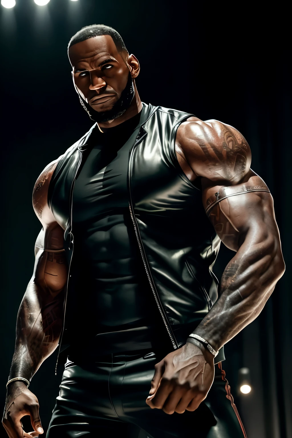 A giant, hyper-realistic sculpture of LeBron James showcasing his massive bulging biceps in a tight, sleek leather jacket. The intricate details capture every vein and muscle texture, giving an almost lifelike appearance. The background is neutral with a moody ambiance, casting bold, dramatic shadows around the figure. The high contrast lighting brilliantly highlights LeBron's chiseled physique and adds depth to the masterpiece, creating a captivating 8K artwork.