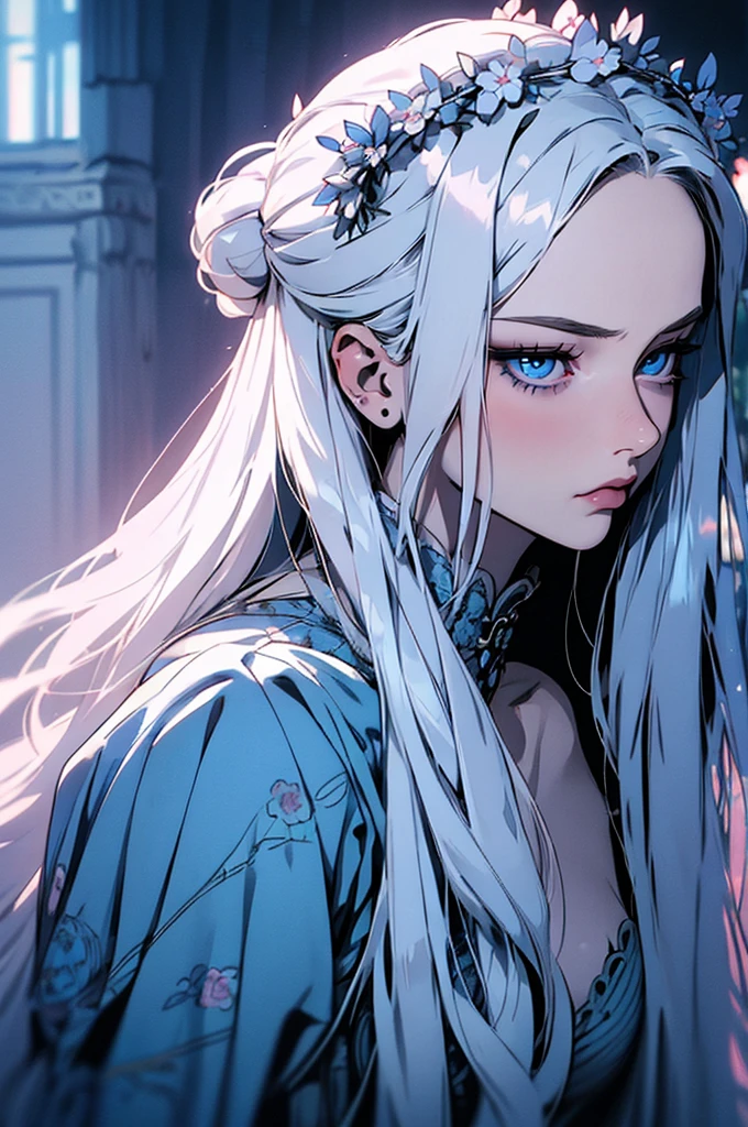 hyper-realistic of a mysterious woman with flowing silver hair, piercing blue eyes, and a delicate floral crown, backwards, looking back, upper body