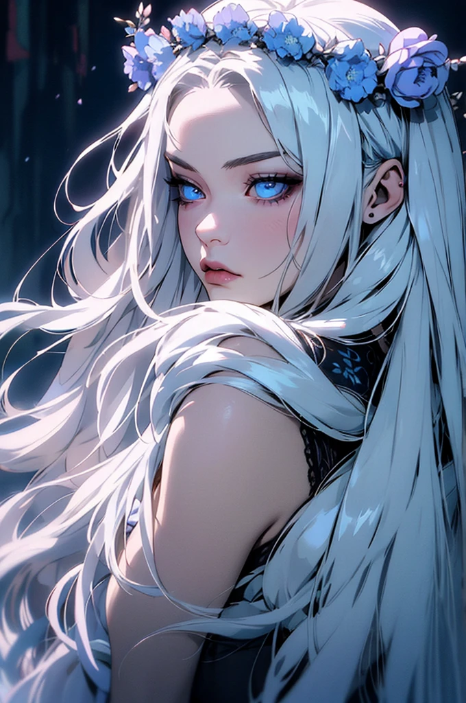 hyper-realistic  of a mysterious woman with flowing silver hair, piercing blue eyes, and a delicate floral crown, backwards, looking back, upper body