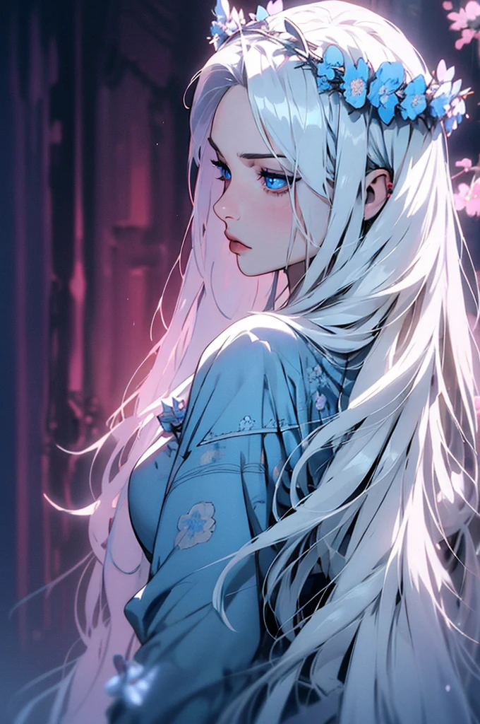 hyper-realistic of a mysterious woman with flowing silver hair, piercing blue eyes, and a delicate floral crown, backwards, looking back, upper body