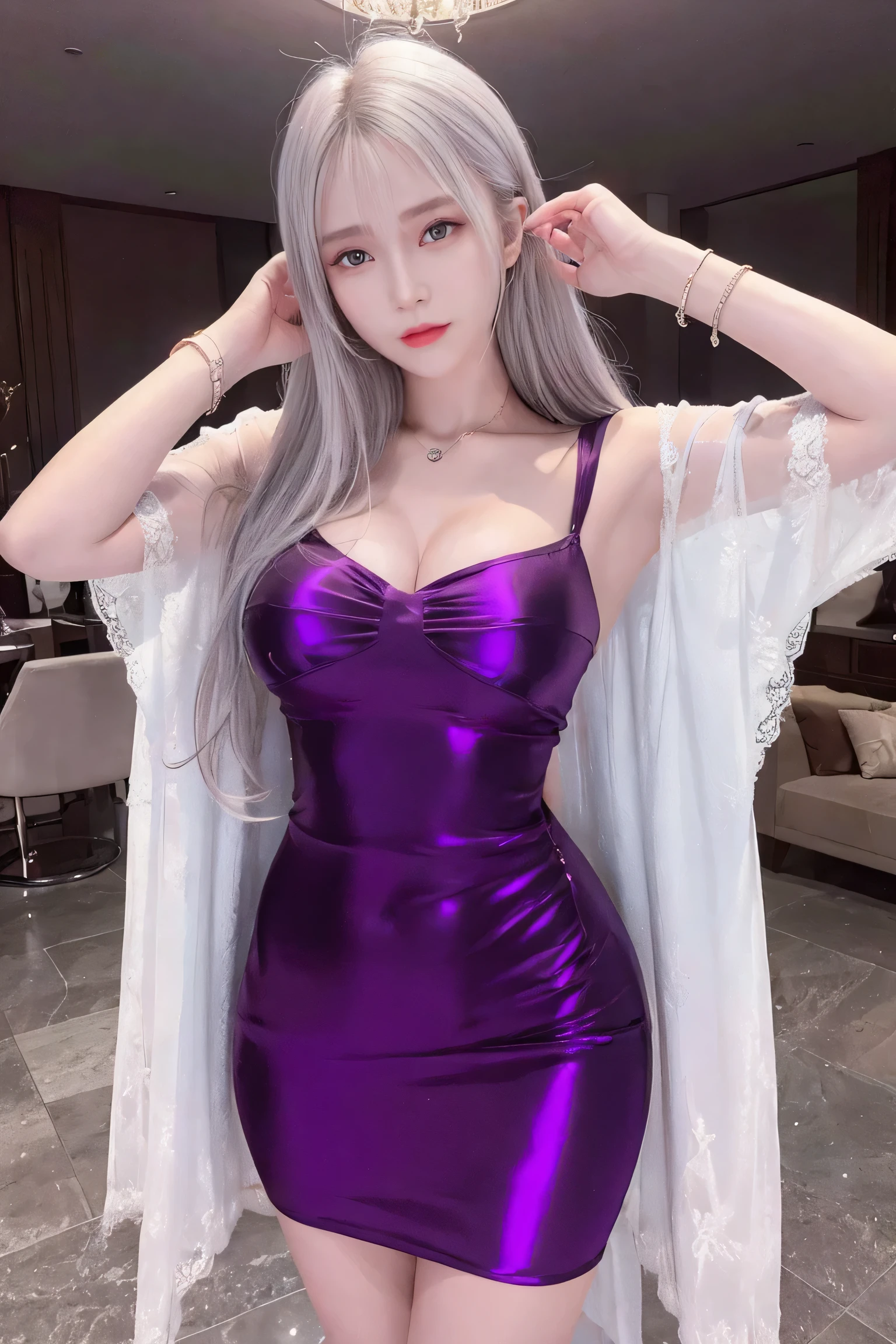 best work,Super high quality work,4K:2.0,ultra high definition,8K HD CG production,High quality graphics,3D high-definition CG photos,Ultra high pixels,Super exquisite:1.1,technical details:1.1,室内灯Light effect果:1.1,Natural dimming,Light effect,Ultra high resolution large files,fashion clothing photos,Exquisite and sexy woman,A mature and sexy woman,Royal sister temperament,Characteristics of European and American women,Mixed-race beauty,Temperamental type goddess,silver hair,She has long white and silver hair,clear hair,Careful hair texture(Premium hair details:1.1)Beautiful and delicate eyebrows and eyelashes,big eyes,light red eyes,sexy red lips,perfect lip shape,clear skin texture,hydrated skin(Advanced facial details:1.1)The face of a perfect goddess,perfect body shape,top supermodel,devilish figure,Buttocks raised,Men’s waists are all thin,long legs,(Advanced skin details:1.1),Smooth,Wear evening gown,deep purple dress, ((glow dress:1.5))sequin evening dress,dress dress,silk scarf,lace dress(Premium lace details:1.1)deep purple,High heel,livestock,Wear jewelry,ear nipple ring,necklace,bracelet,Having dinner,full-body shot,Costume Art Photos,high quality work