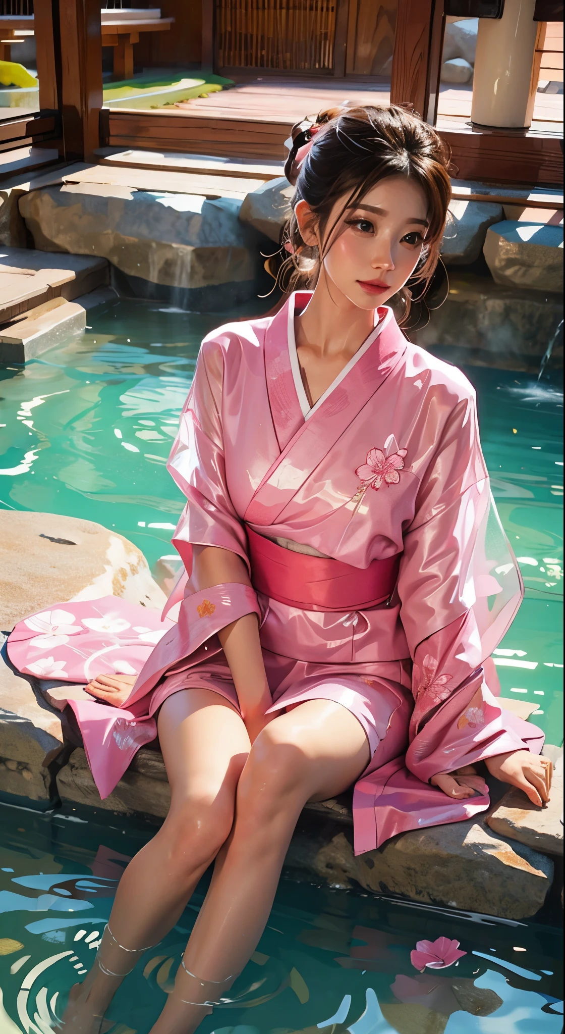 最high quality、high quality、Best image quality、8K、最High resolution、High resolution、最high quality、masterpiece、RAW Photos、whole body写真、Detailed and realistic human body、Detailed and realistic skin、Realistic face in every detail、Detailed and realistic eyes、Detailed and realistic lips、Detailed and realistic teeth、Detailed and realistic ears、Detailed and realistic hair、Realistic reproduction of every detail、((Beautiful Hands(thumb１、reference４))、Realistic feet down to the last detail、((Beautiful Japanese Girl))、(Japanese Model)、18 year old beautiful girl))、(Black Hair)、(Random Hairstyles)、((whole body))、((Slim and perfect figure))、(Flat chest、Small breasts)、(whole body光沢肌、Fair skin)、Mini Chinese Dresini Kimono、Mini Ninja Costume、Japanese tradition、Japanese garden、Rain clouds spreading across the sky、Heavy rain weather、Pouring rain、A storm of wind and rain、((Colorful floral pattern(See-through kimono dress))、((Pouring rainの中でリラックス(Poses to make your thighs look beautiful))、((Soaked skin from head to toe))、((Kimono soaked in the rain(Rain dripping from the clothes))、((Her body lines are clearly visible through her wet kimono.))