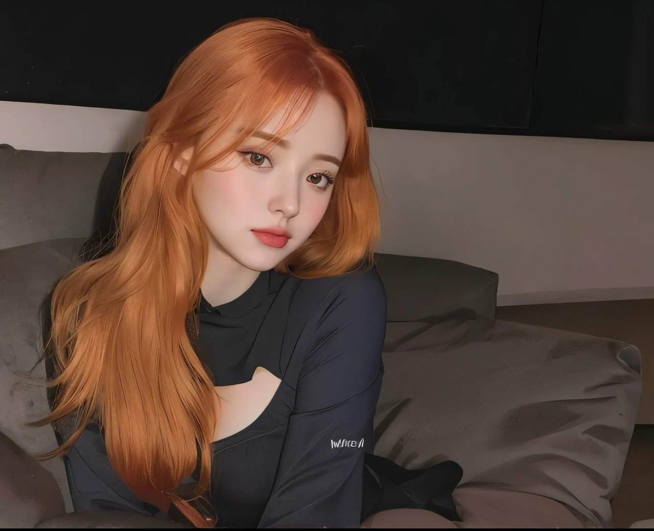there is a woman sitting on a couch with a remote control, amouranth, ellie bamber, ellie bamber fairy, better known as amouranth, young beautiful amouranth, sadie sink, leaked image, valentina remenar, with red hair, profile image, she has red hair, taken in the early 2020s, joy red velvet