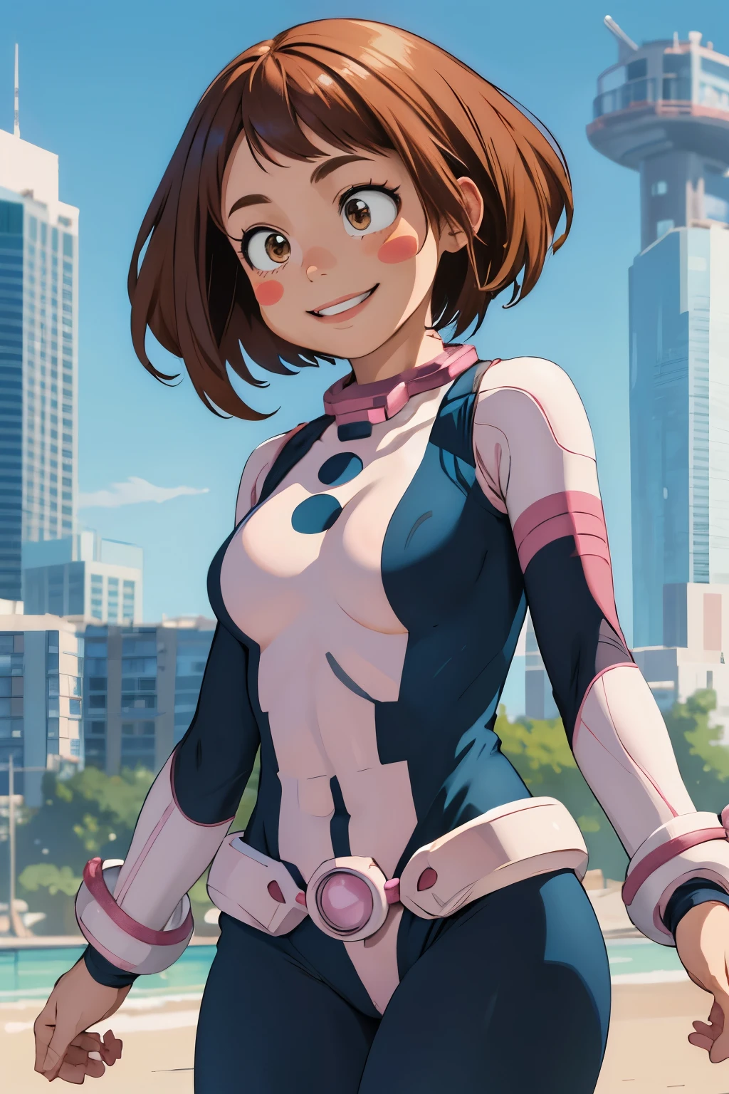 masterpiece, best quality, highres, hmochako, blush stickers, short hair, medium breasts, superhero, bodysuit, cowboy shot, standing, smile,