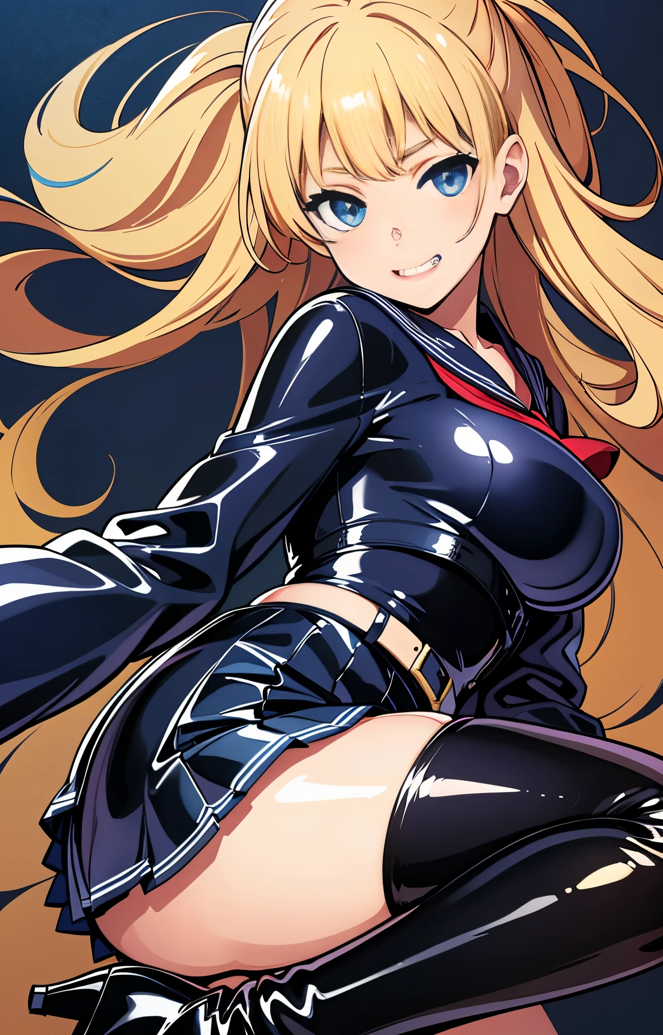 official art, Mistress、Highly detailed CG Unity 8K wallpaper, highest quality, masterpiece, High resolution,shiny latex thigh-high boots, Blonde straight long hair, brown belt,  leather shoulder bag、latex gloves,  (shiny latex sailor suit:1.6)、（Latex School Uniform)、(shiny latex pleated skirt:1.6)、 Leather texture, full body photo, melon face, small face, （big breasts）、（grinning grin）、（latex high heels）、tread on、kicking