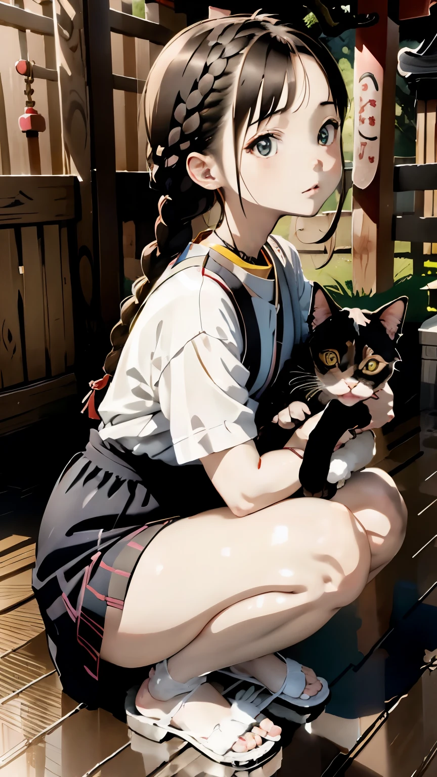 one girl、Braid、(((play with cat)))、anime style、sitting、squat、Black cat、Japanese shrines、guardian dog、torii、