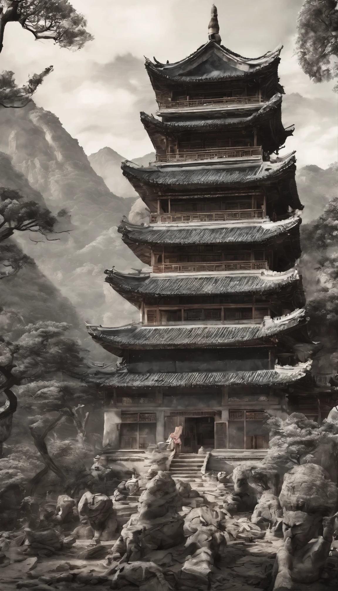 Temple,monk, Ink style