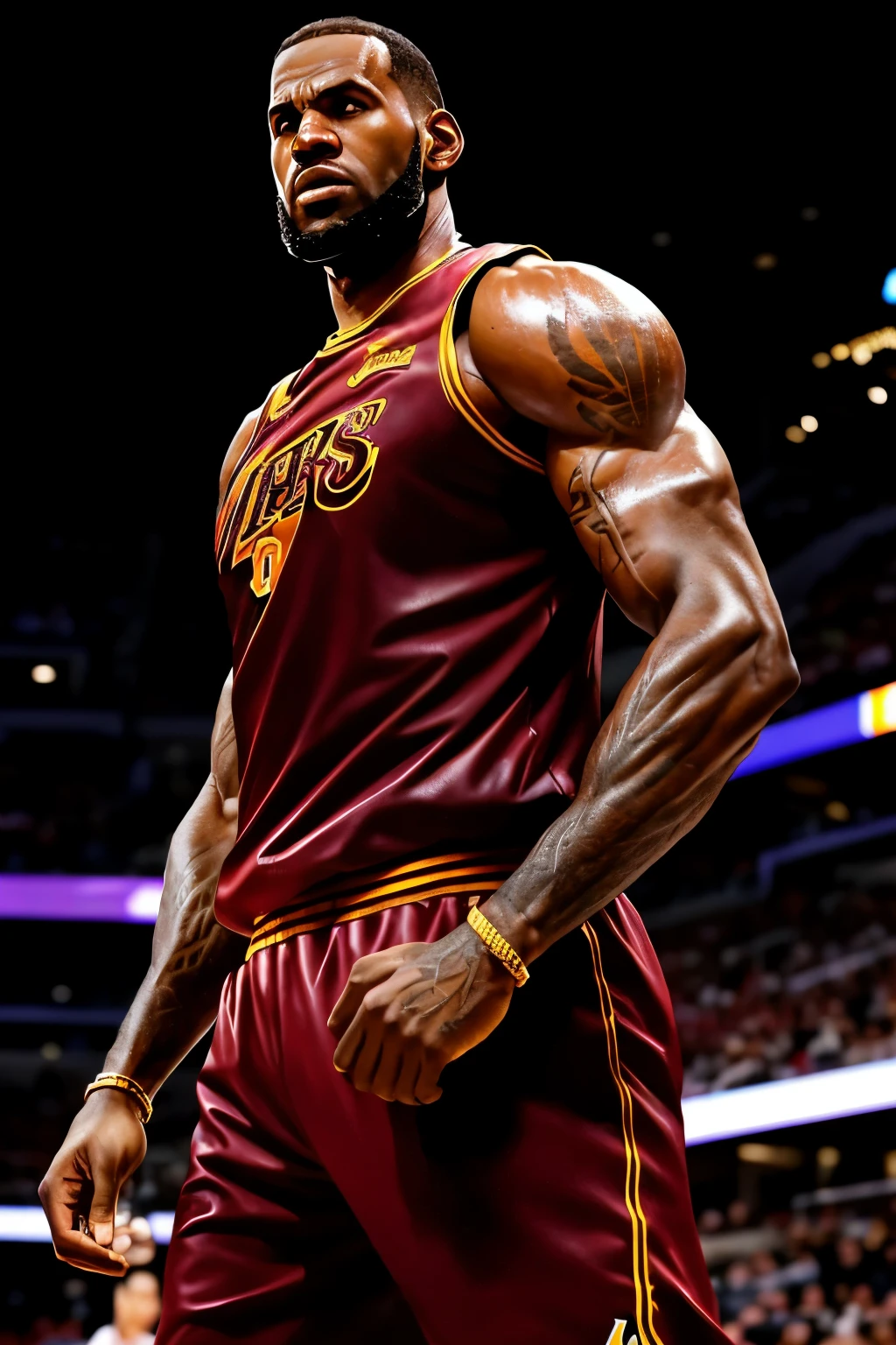 A giant, hyper-realistic sculpture of LeBron James showcasing his immense bulging biceps, dressed in a sleek, tight leather jacket. This masterpiece, crafted with stunning detail and s2 resolution, exhibits an impressive bokeh depth of field with dramatic shadows. The bright lights highlighting the sculpture create an almost cinematic effect, adding to LeBron's larger-than-life presence. The intricately detailed leather texture enhances the realism, making this a truly top-quality and stunning work of art.
