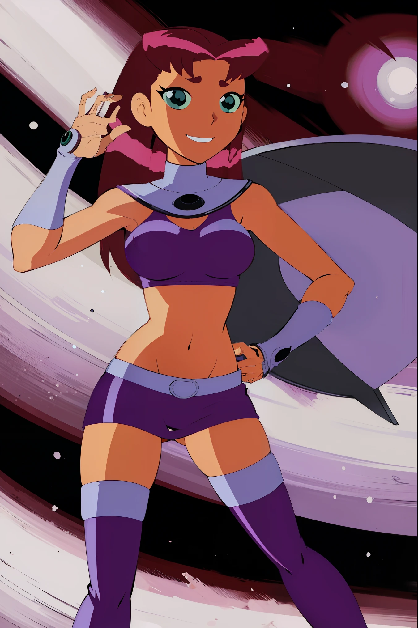 starfire, anime, standing, curvy, smile, ,micro bikini